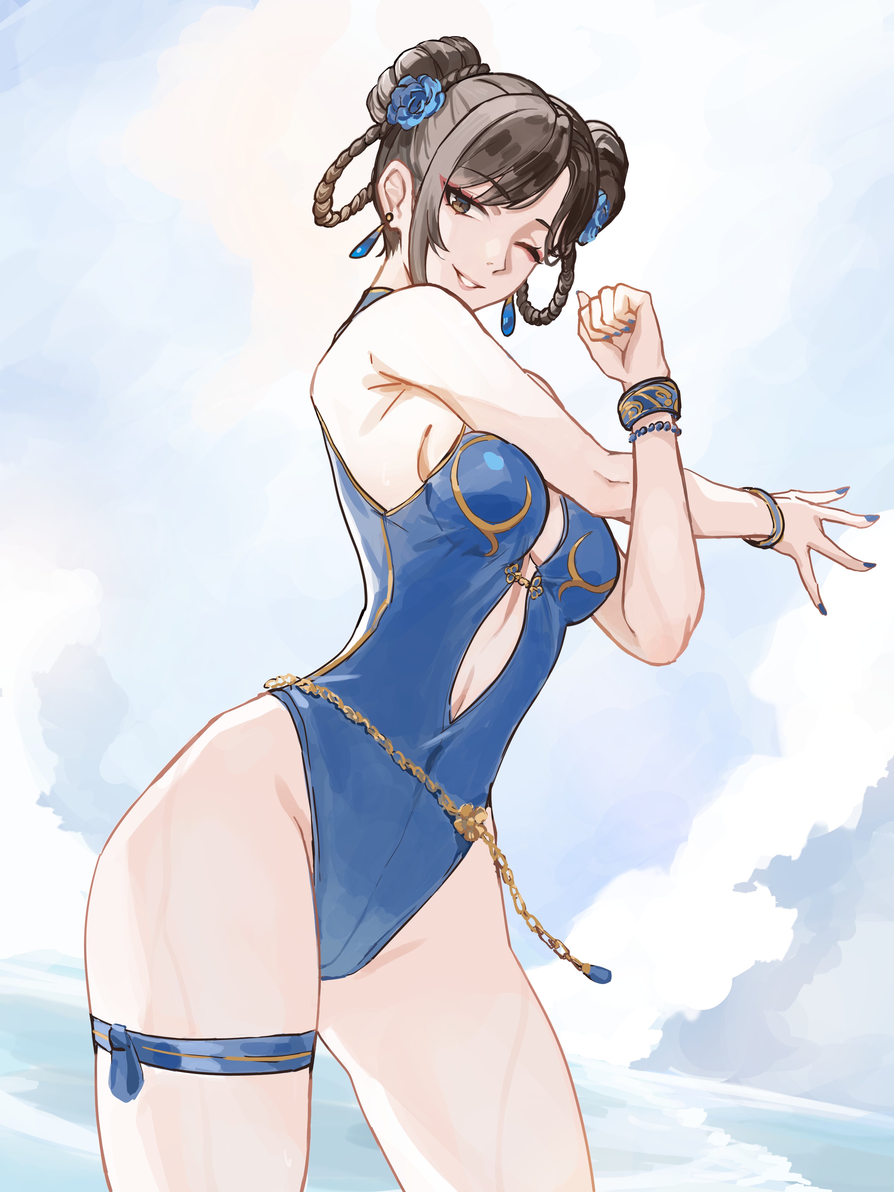 kai1up, chun-li, capcom, street fighter, street fighter 6, absurdres, commentary, english commentary, highres, 1girl, belt, black hair, blue one-piece swimsuit, bracelet, breasts, center opening, cleavage, double bun, earrings, flexing, hair bun, hair rings, jewelry, looking at viewer, official alternate costume, one-piece swimsuit, one eye closed, smile, solo, standing, swimsuit, thigh belt, thigh strap