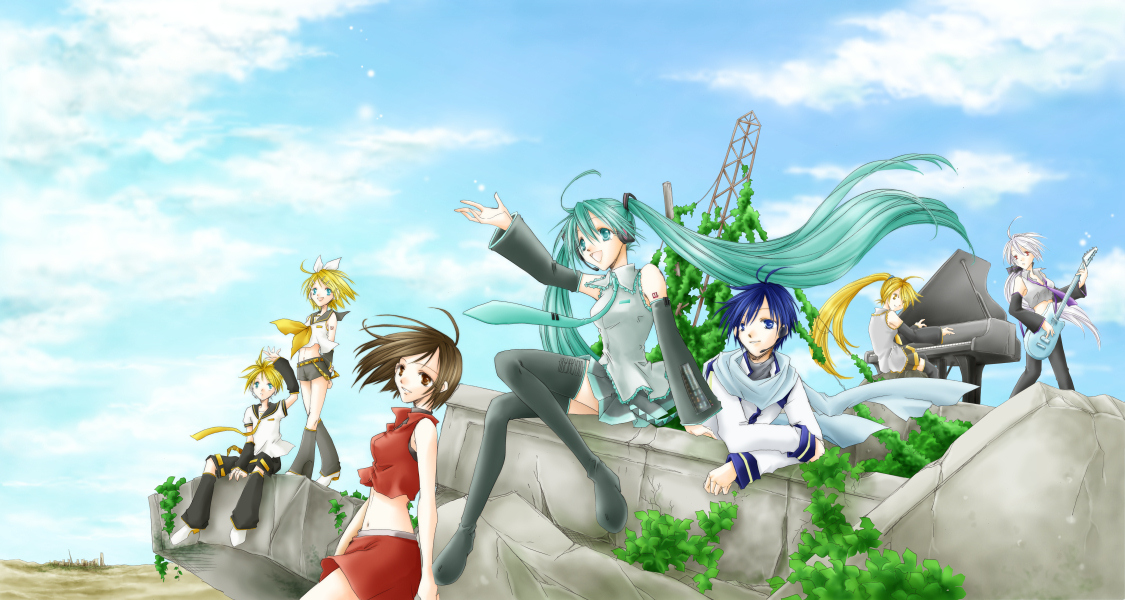 fujie, akita neru, hatsune miku, kagamine len, kagamine rin, kaito (vocaloid), meiko (vocaloid), yowane haku, vocaloid, 2boys, 5girls, blue scarf, cloud, day, detached sleeves, grand piano, guitar, headset, instrument, long hair, midriff, multiple boys, multiple girls, piano, ponytail, scarf, side ponytail, skirt, sky, thighhighs, twintails, very long hair