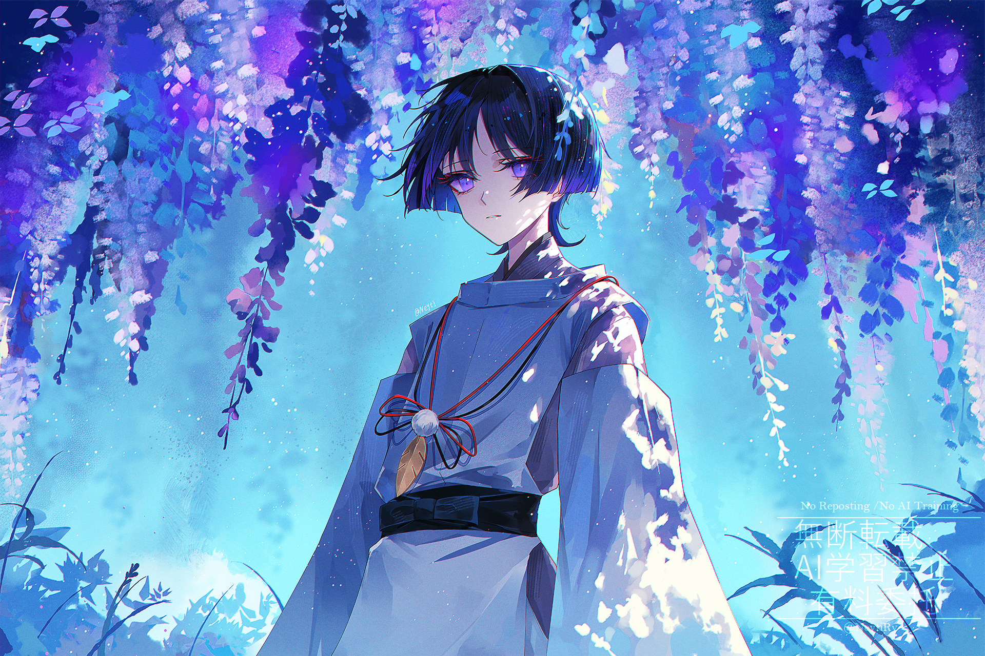 neyti (neytirv), scaramouche (genshin impact), scaramouche (kabukimono) (genshin impact), genshin impact, highres, 1boy, arms at sides, belt, black belt, black bow, black hair, blue hair, blunt ends, bow, clothing cutout, colored eyelashes, colored inner hair, colored tips, eyelashes, eyeliner, eyeshadow, feathers, grass, japanese clothes, kimono, layered sleeves, long sleeves, looking at viewer, makeup, male focus, multicolored hair, outdoors, parted lips, pelvic curtain, plant, pom pom (clothes), purple eyes, purple hair, purple kimono, purple sleeves, red eyeliner, red eyeshadow, side cutout, solo, streaked hair, string, tsurime, twitter username, upper body, watermark, white mouth, white sleeves, wispy bangs, yellow feathers