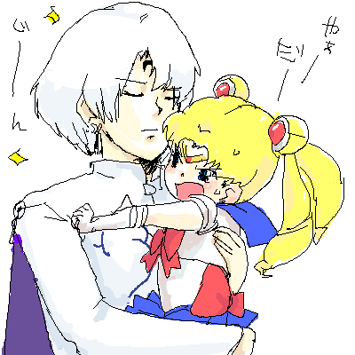 azuma yukihiko, prince demande, sailor moon, tsukino usagi, bishoujo senshi sailor moon, bishoujo senshi sailor moon r, silver hair, lowres, 1990s (style), 1boy, 1girl, angry, blonde hair, blue sailor collar, blue skirt, bow, cape, carrying, chibi, child, closed eyes, crescent, crescent facial mark, double bun, earrings, elbow gloves, facial mark, forehead mark, gloves, hair ornament, hug, jewelry, leotard, long hair, magical girl, oekaki, open mouth, prince, red bow, retro artstyle, sailor collar, skirt, tiara, twintails, white gloves