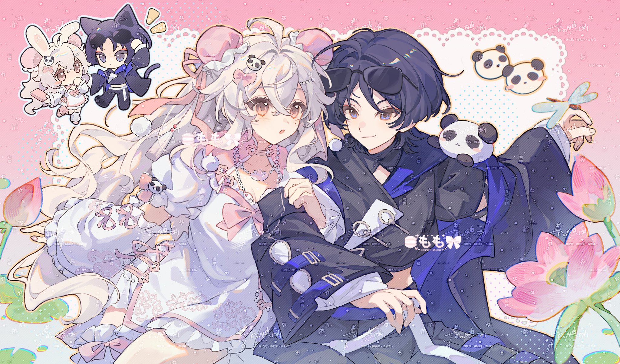 scaramouche (genshin impact), genshin impact, original, artist request, commission, highres, second-party source, 1boy, 1girl, ahoge, alternate costume, beads, black bow, black collar, black hanfu, black pants, black shirt, black sleeves, blunt ends, blush, border, bow, breasts, bud, bug, chibi, chibi inset, chinese clothes, chinese hairstyle, cleavage, cleavage cutout, closed mouth, clothing cutout, collar, collarbone, commissioner insert, couple, cropped shirt, cross-laced clothes, cross-laced dress, crossed bangs, detached sleeves, double bun, dragonfly, dress, eyeliner, eyeshadow, fingernails, floral print, floral print dress, floral print sleeves, flower, frilled dress, frilled sleeves, frills, hair between eyes, hair bow, hair bun, hair intakes, hair ornament, hanfu, hayami momo (hayamimomo), hetero, insect, layered sleeves, lily pad, locked arms, long hair, long sleeves, looking at another, looking at viewer, makeup, midriff peek, mole, mole under eye, oc x canon, open hands, open mouth, outstretched arm, panda hair ornament, pants, pink border, pink collar, pink eyes, pink flower, pink nails, print dress, puffy sleeves, purple eyes, purple hair, red eyeliner, red eyeshadow, shirt, short dress, sidelocks, sleeve belt, small breasts, smile, tareme, tassel, tassel hair ornament, tsurime, very long hair, white hair, white hanfu, white sleeves, wide sleeves