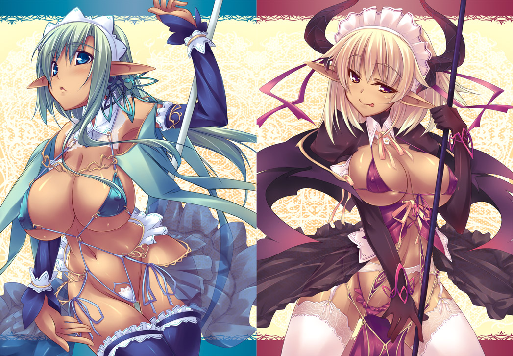 shimakaze (soundz of bell), original, 2girls, :p, bat wings, bikini, blonde hair, blue eyes, blue hair, breasts, cleavage, cosplay, covered erect nipples, curvy, dark-skinned female, dark skin, demon girl, detached collar, detached sleeves, elf, gloves, green hair, groin, horns, huge breasts, large breasts, long hair, micro bikini, multiple girls, navel, pointy ears, swimsuit, tan, thighhighs, tongue, tongue out, undersized clothes, wings, yellow eyes