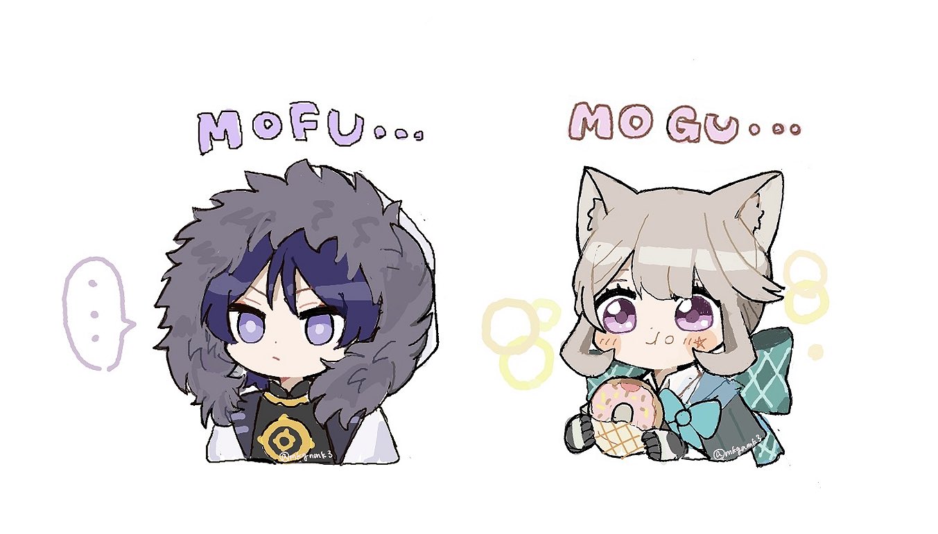 mkgnmk3, lynette (genshin impact), scaramouche (genshin impact), genshin impact, …, 1boy, 1girl, :t, animal ear fluff, animal ears, aqua bow, argyle bow, black bodysuit, black capelet, black gloves, blunt bangs, blush, bodysuit, bow, bright pupils, capelet, cat ears, cat girl, closed mouth, coat, collar, collared shirt, cropped torso, donut, eating, eyelashes, facial mark, fatui coat, food, food on face, food wrapper, fur-trimmed hood, fur trim, gloves, gold, grey hair, holding, holding donut, holding food, hood, hood up, hooded coat, jewelry, lapels, looking to the side, mandarin collar, neck ring, open clothes, open coat, pink eyes, purple eyes, purple hair, shirt, short hair, sidelocks, sound effects, spoken ellipsis, star (symbol), star facial mark, swept bangs, tareme, twitter username, white background, white coat, white collar, white hood, white pupils, wispy bangs