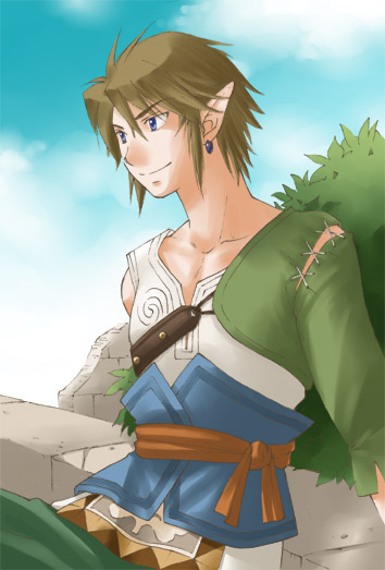 link, nintendo, the legend of zelda, the legend of zelda: twilight princess, 1boy, alternate costume, blue eyes, brown hair, earrings, jewelry, male focus, nature, outdoors, pointy ears, sky, smile, solo