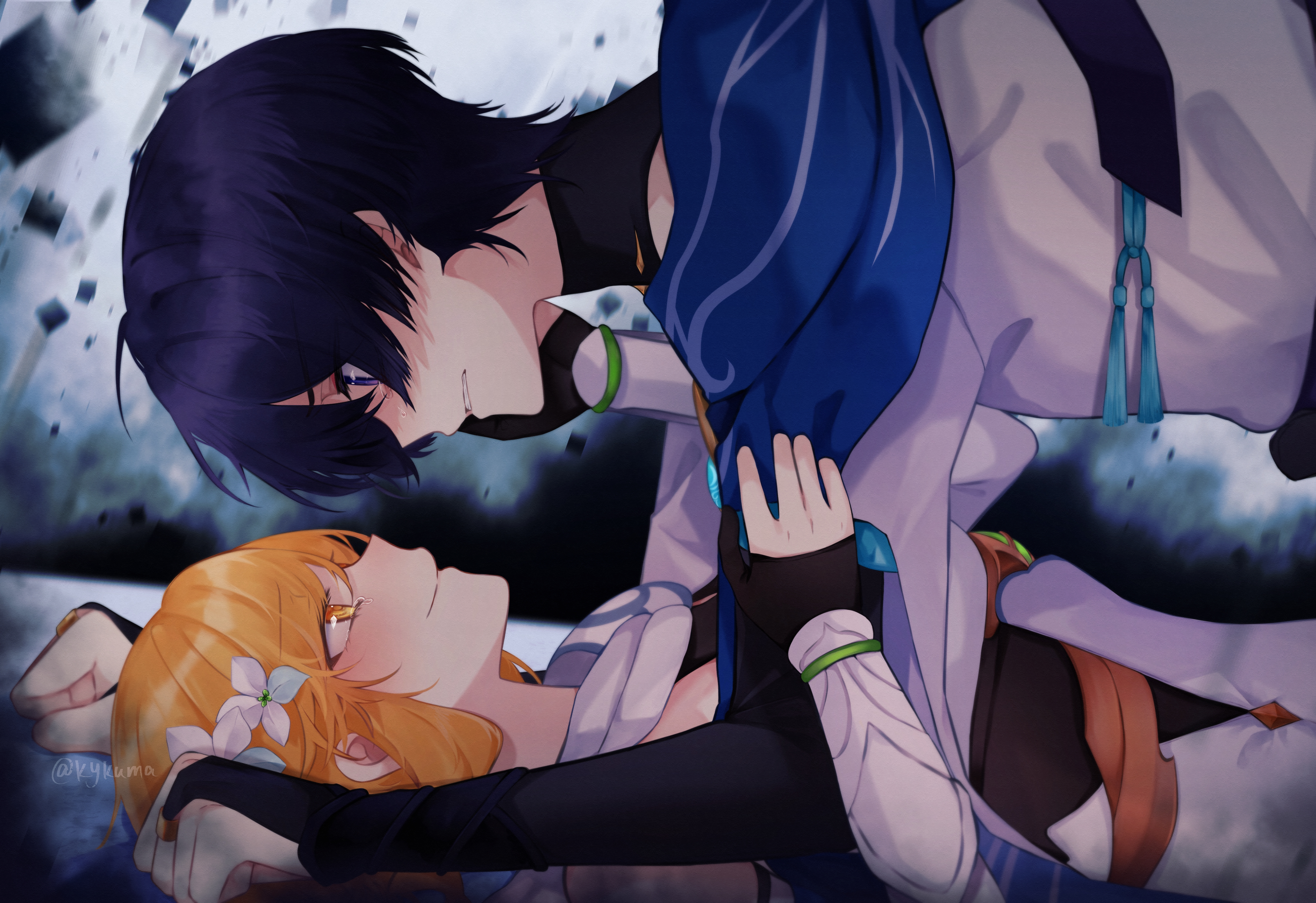 kykuma4, lumine (genshin impact), scaramouche (genshin impact), wanderer (genshin impact), genshin impact, absurdres, highres, 1boy, 1girl, black bodysuit, black corset, black gloves, black hair, blonde hair, blue cape, blue gemstone, blue sleeves, blue trim, blunt ends, bodysuit, boy on top, cape, clenched hands, clenched teeth, closed mouth, corset, eyelashes, eyeliner, eyeshadow, flower, from side, furisode, gem, gloves, gold, hair flower, hair ornament, halterneck, hand on another's arm, hetero, japanese clothes, kimono, layered sleeves, looking at another, lying, makeup, monochrome background, on back, partially fingerless gloves, profile, purple eyes, purple hair, red eyeliner, red eyeshadow, scarf, short hair, short sleeves, sidelocks, sideways mouth, smile, tassel, tears, teeth, turtleneck, turtleneck bodysuit, twitter username, vambraces, white flower, white kimono, white scarf, white sleeves, white trim, yellow eyes, yukadon