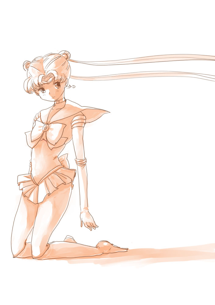 azuma yukihiko, sailor moon, tsukino usagi, bishoujo senshi sailor moon, 1990s (style), 1girl, boots, bun cover, choker, circlet, double bun, female focus, full body, hair bun, knee boots, kneeling, long hair, magical girl, monochrome, retro artstyle, skirt, solo, very long hair