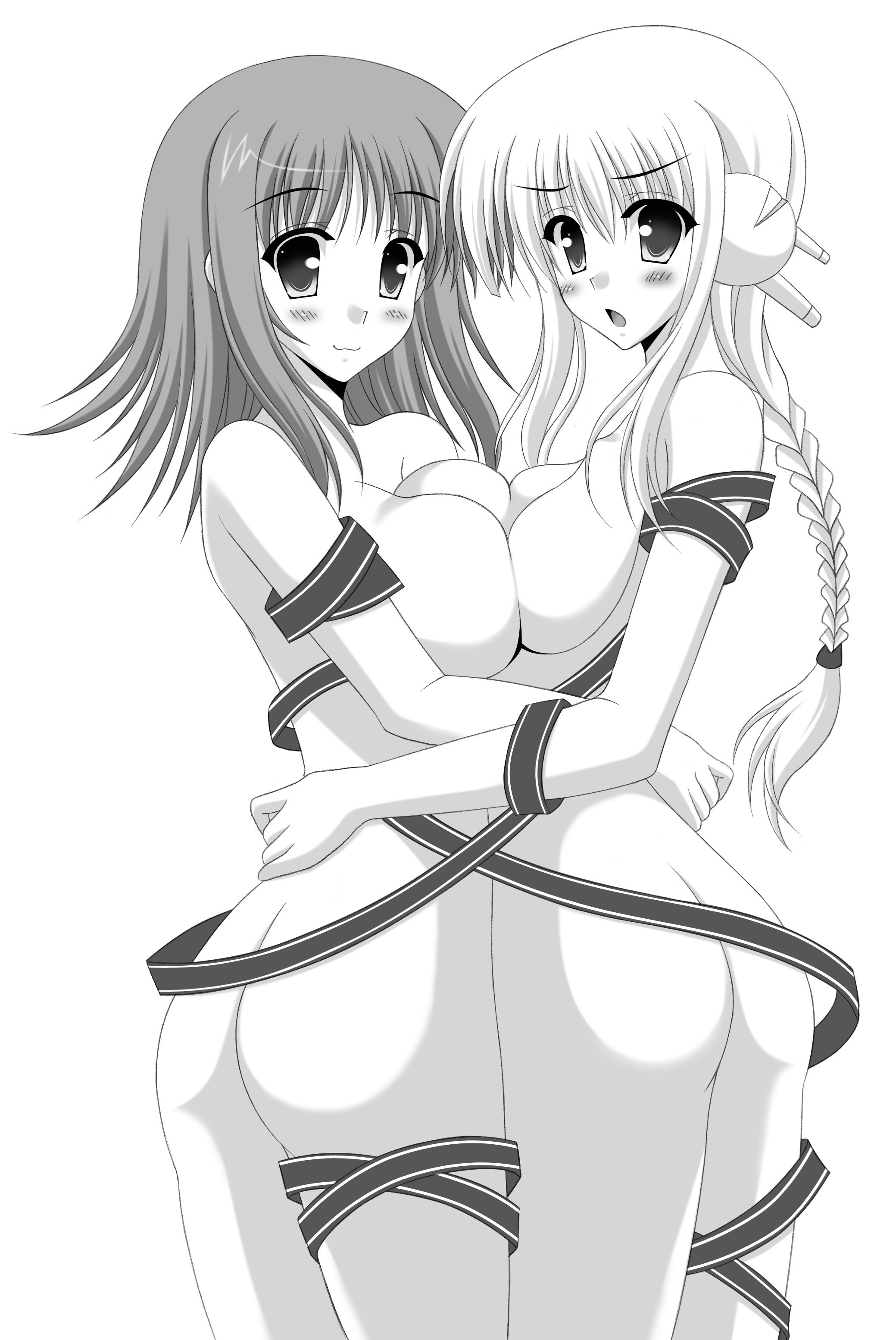 oda ken'ichi, milfa (to heart), silfa (to heart), to heart (series), to heart 2, to heart 2 ad, absurdres, highres, 00s, 2girls, ass, braid, breast press, breasts, greyscale, huge breasts, long hair, monochrome, multiple girls, naked ribbon, ribbon, robot ears, symmetrical docking, yuri