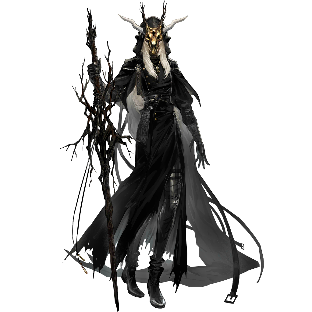 ryuuzaki ichi, confessarius (arknights), arknights, official art, third-party source, 1boy, black boots, black capelet, black gloves, black robe, black theme, boots, capelet, covered face, demon horns, faceless, faceless male, full body, gloves, grey hair, holding, holding weapon, hood, hooded capelet, horns, jewelry, long hair, long sleeves, male focus, mask, masked, pendant, robe, simple background, solo, standing, tachi-e, transparent background, weapon, white hair