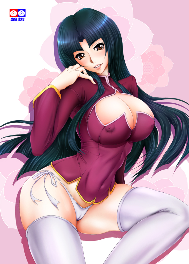 size hermitage, wang liu mei, gundam, gundam 00, 00s, 1girl, black hair, bottomless, breast clinging, breasts, cameltoe, cleavage, covered erect nipples, female focus, large breasts, long hair, no pants, panties, side-tie panties, skindentation, solo, thighhighs, underwear