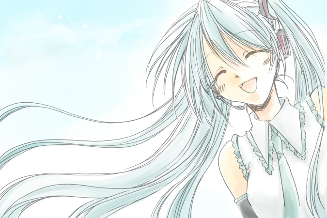 fujie, hatsune miku, vocaloid, detached sleeves, happy, headset, long hair, necktie, solo, twintails