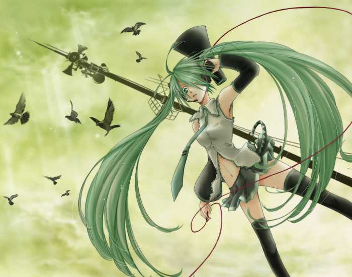 fujie, hatsune miku, koi wa sensou (vocaloid), vocaloid, bird, detached sleeves, green eyes, green hair, headset, long hair, megaphone, navel, necktie, skirt, sky, solo, thighhighs, twintails, very long hair