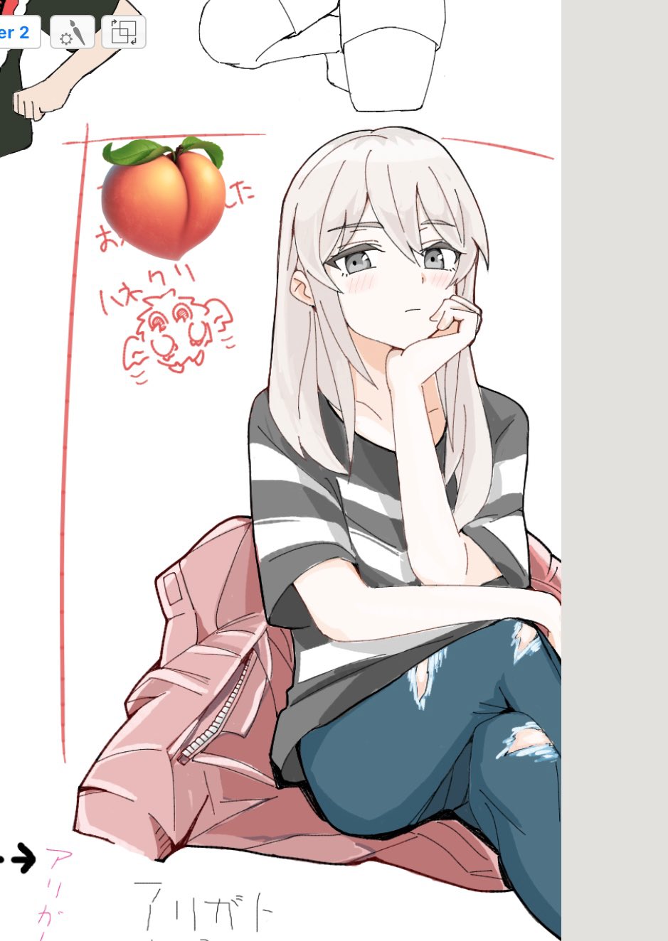 n nai nai n, kawaragi momoka, girls band cry, commentary request, highres, 1girl, art program in frame, black shirt, blue pants, closed mouth, grey eyes, grey hair, jacket, long hair, looking at viewer, multicolored hair, pants, pink jacket, roots (hair), shirt, sidelocks, solo, torn clothes, torn pants, unworn jacket, white background, white shirt