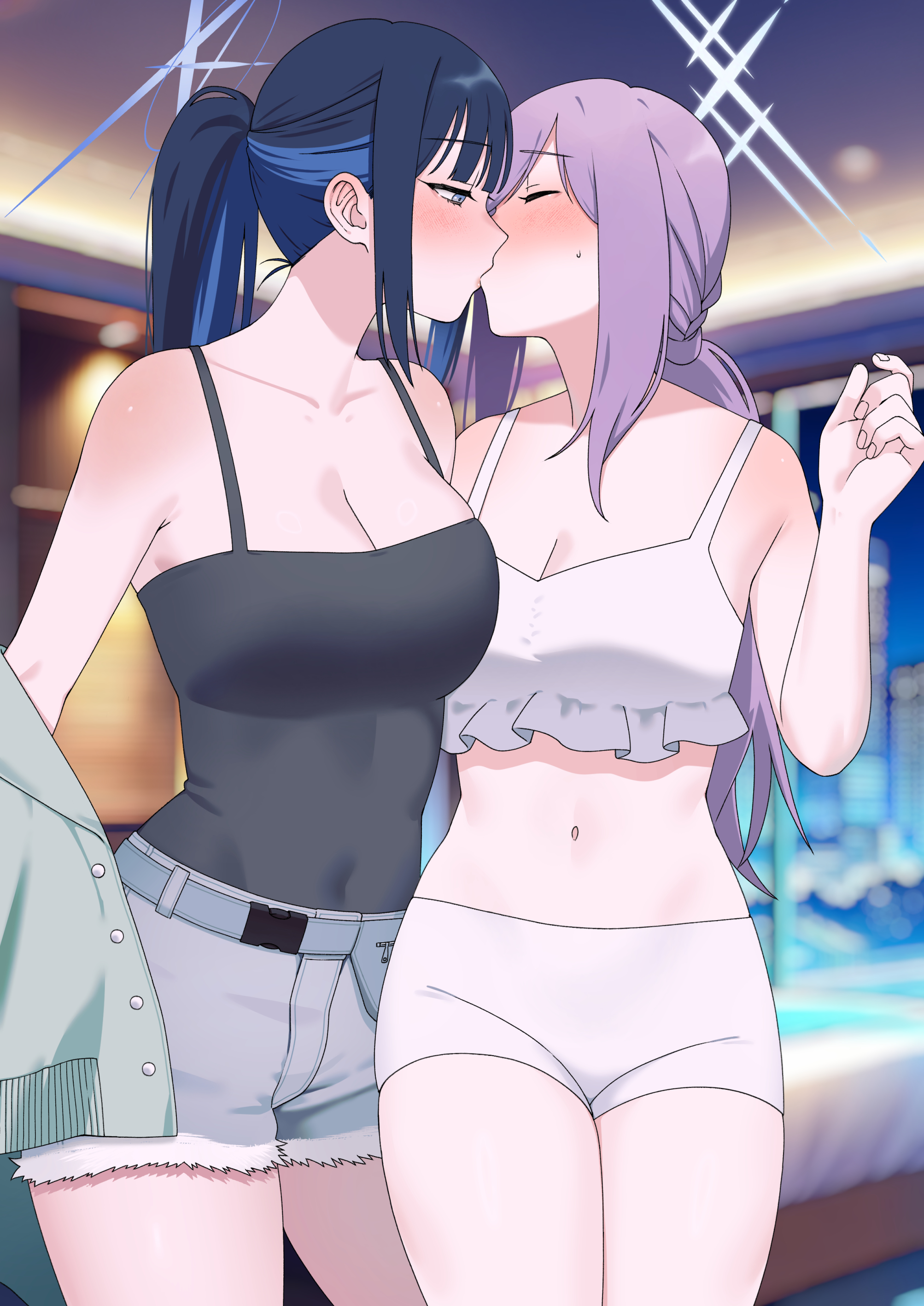 atsuko (blue archive), atsuko (swimsuit) (blue archive), saori (blue archive), saori (swimsuit) (blue archive), blue archive, absurdres, highres, 2girls, bikini, black camisole, blue eyes, blue hair, blue halo, blush, breasts, camisole, cleavage, covered navel, denim, denim shorts, halo, kiss, long hair, multiple girls, navel, ponytail, purple hair, shorts, stomach, swimsuit, tadano sensei, white bikini, yuri