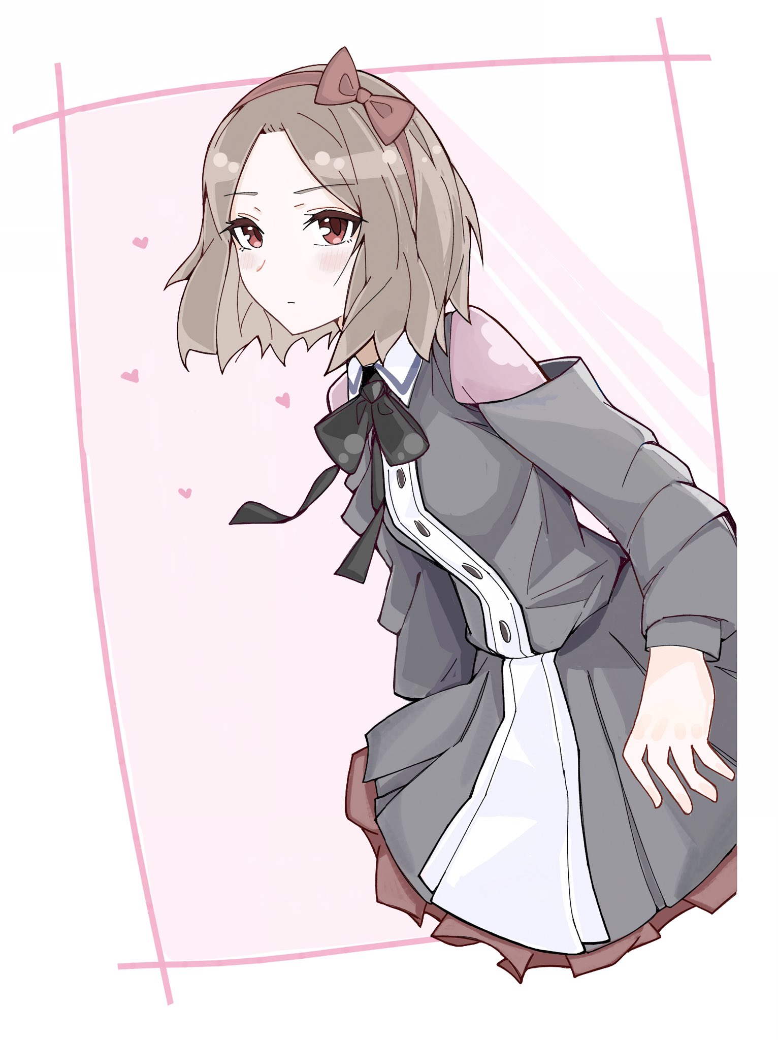 n nai nai n, ebizuka tomo, girls band cry, commentary, highres, 1girl, black bow, black bowtie, black dress, blush, bow, bowtie, closed mouth, dress, grey hair, hair bow, hairband, long sleeves, looking at viewer, red bow, red eyes, red hairband, short hair, solo