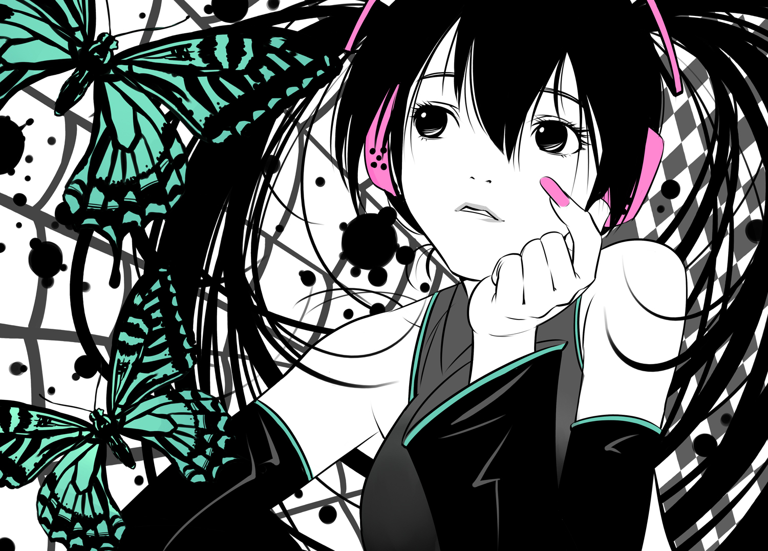 xr650r, hatsune miku, vocaloid, bad id, bad pixiv id, bug, butterfly, detached sleeves, headphones, twintails