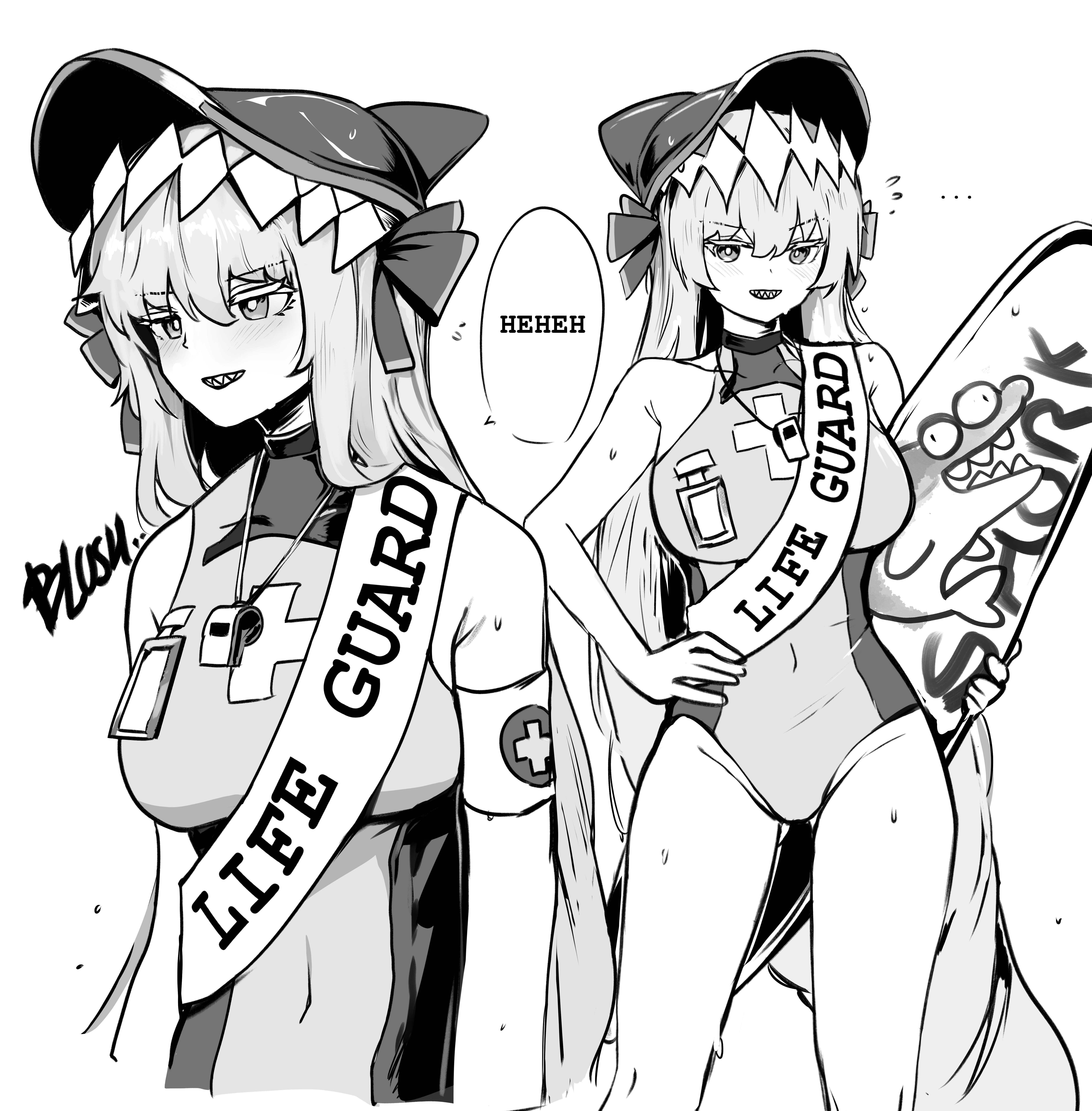 wawamachi, specter (arknights), arknights, absurdres, commentary, highres, 1girl, alternate costume, armband, bare shoulders, blush, breasts, covered navel, cropped arms, cropped torso, cross, cross print, english text, feet out of frame, greyscale, hair between eyes, hair ornament, hair ribbon, hat, holding, holding surfboard, large breasts, long hair, looking at viewer, looking to the side, monochrome, multiple views, one-piece swimsuit, red cross armband, ribbon, simple background, standing, surfboard, swimsuit, whistle, whistle around neck, white background