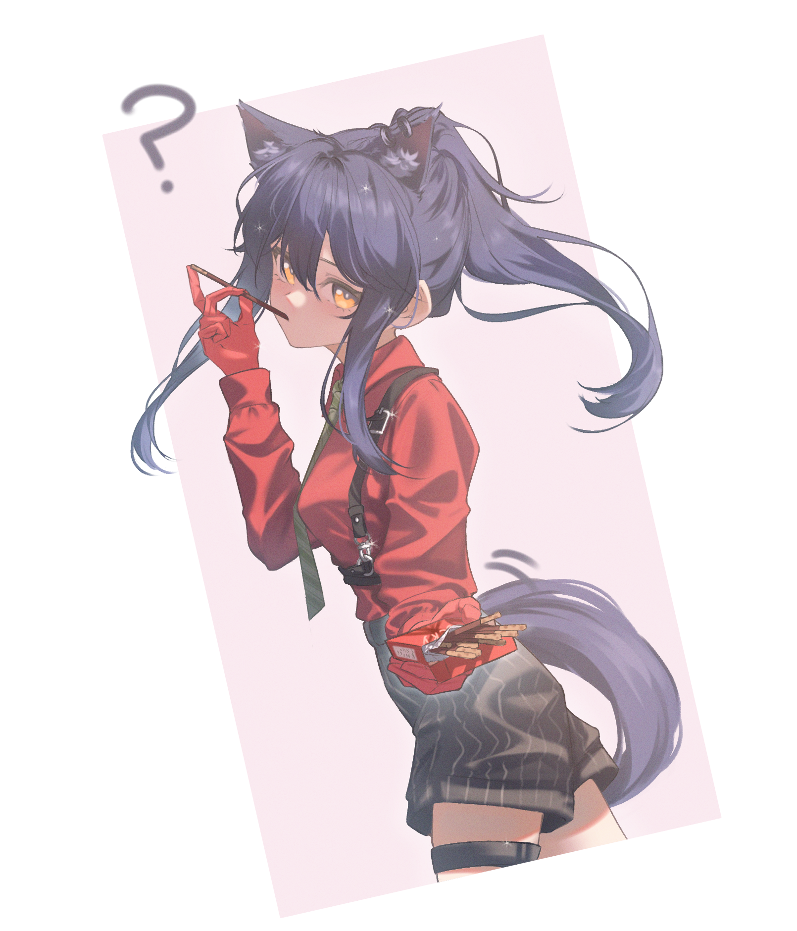 memoriaev, texas (arknights), texas (willpower) (arknights), arknights, commentary, highres, 1girl, ?, animal ear fluff, animal ear piercing, animal ears, black shorts, collared shirt, cropped legs, diagonal-striped clothes, diagonal-striped necktie, floating hair, food, food in mouth, glint, gloves, green necktie, hair between eyes, holding, holding food, incoming food, long hair, long sleeves, looking at viewer, necktie, official alternate costume, pocky, pocky in mouth, purple hair, purple tail, red gloves, red shirt, shirt, short shorts, shorts, sidelocks, solo, sparkle, standing, striped clothes, striped shorts, tail, thigh strap, vertical-striped clothes, vertical-striped shorts, wolf ears, wolf girl, wolf tail, yellow eyes