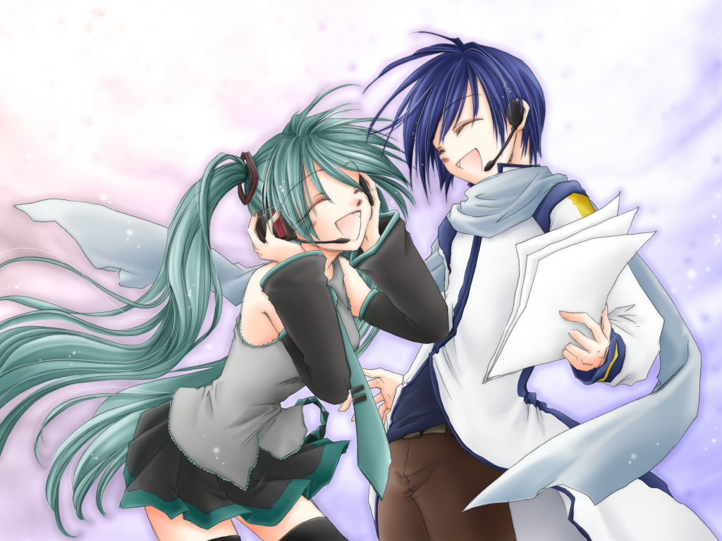 fujie, hatsune miku, kaito (vocaloid), vocaloid, 1boy, 1girl, blue hair, detached sleeves, green hair, happy, headset, long hair, necktie, open mouth, paper, scarf, skirt, thighhighs, twintails, very long hair