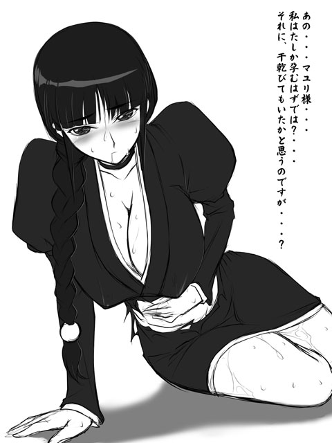 kagami hirotaka, kurotsuchi nemu, bleach, translation request, 00s, 1girl, blush, braid, breasts, cleavage, covered erect nipples, female focus, greyscale, huge breasts, monochrome, ponytail, single braid, solo, sweat