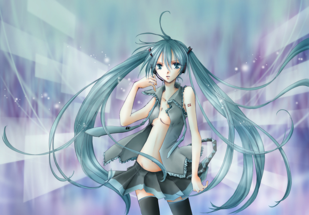 fujie, hatsune miku, vocaloid, aqua eyes, aqua hair, headset, long hair, necktie, open clothes, open shirt, shirt, skirt, solo, thighhighs, twintails, very long hair