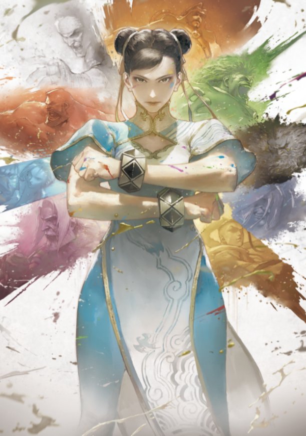 akuma (street fighter), blanka, cammy white, chun-li, jamie siu, jp (street fighter), m. bison, rashid (street fighter), ryu (street fighter), zangief, capcom, street fighter, street fighter 6, commentary request, official art, promotional art, 2girls, 6+boys, beard, black hair, bracelet, capcom cup, chinese clothes, crossed arms, double bun, facial hair, fukumori (capcom), hair bun, hair ribbon, headband, hood, jewelry, looking at viewer, multiple boys, multiple girls, official alternate costume, paint, ribbon, serious