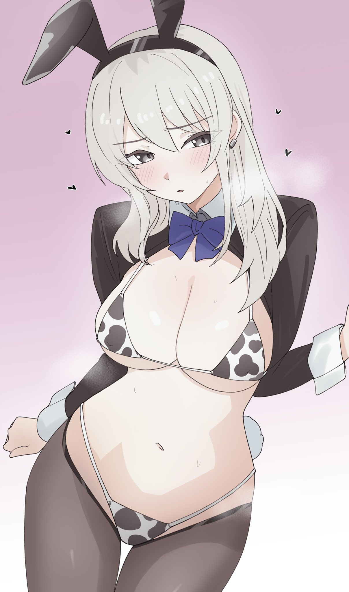 n nai nai n, kawaragi momoka, girls band cry, commentary, highres, 1girl, animal ear hairband, animal ears, animal print, bikini, black pantyhose, blue bow, blue bowtie, bow, bowtie, breasts, bunny day, covered erect nipples, cow print, cow print bikini, earclip, fake animal ears, gradient background, grey eyes, grey hair, hair between eyes, hairband, heart, large breasts, long hair, long sleeves, multicolored hair, navel, pantyhose, pink background, print bikini, rabbit ears, reverse bunnysuit, reverse outfit, roots (hair), solo, stomach, sweat, swimsuit