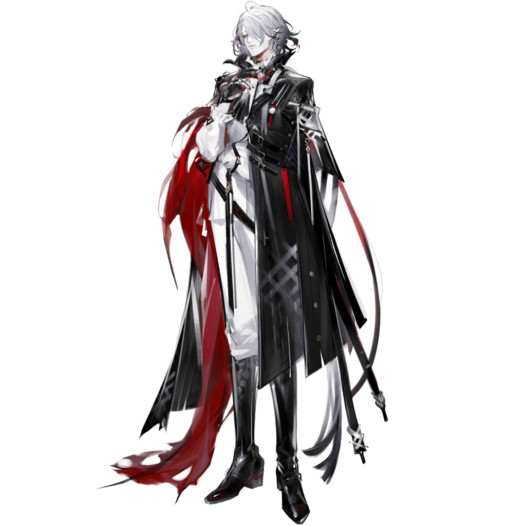 chuzenji, duq'arael (arknights), arknights, official art, third-party source, 1boy, black boots, black cloak, black gloves, boots, cloak, closed eyes, closed mouth, demon horns, full body, gloves, horns, knee boots, long sleeves, male focus, pants, partially fingerless gloves, pointy ears, shirt, simple background, solo, standing, tachi-e, transparent background, vampire, white hair, white pants, white shirt