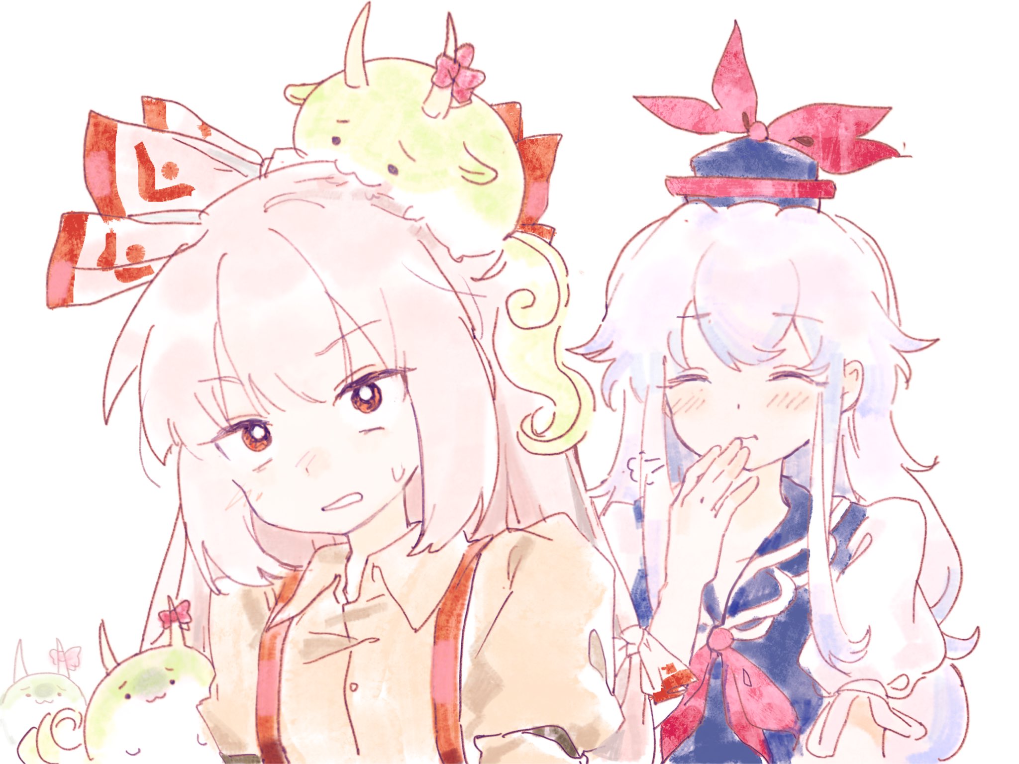youshouhaoxianzhe, ex-keine, fujiwara no mokou, kamishirasawa keine, sukusuku hakutaku, touhou, highres, 2girls, :3, blue dress, blue hair, blue hat, blush, bow, bright pupils, closed eyes, closed mouth, collared shirt, creature on head, dress, grey shirt, hair bow, hat, horn bow, horn ornament, horns, long hair, multiple girls, puff of air, red eyes, shirt, simple background, smile, suspenders, sweat, white background, white pupils