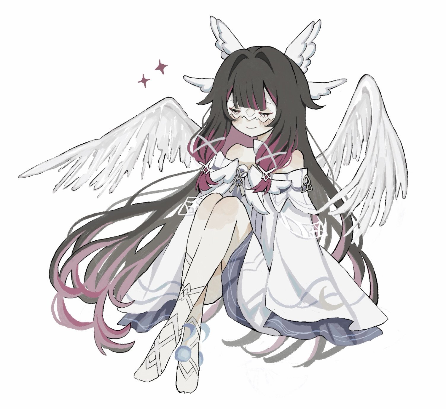 tori26, columbina (genshin impact), genshin impact, highres, 1girl, bare shoulders, black hair, blush, closed eyes, dress, hair intakes, head wings, knees up, long hair, multicolored hair, off-shoulder dress, off shoulder, purple hair, simple background, sitting, smile, solo, streaked hair, very long hair, white background, white dress, wings