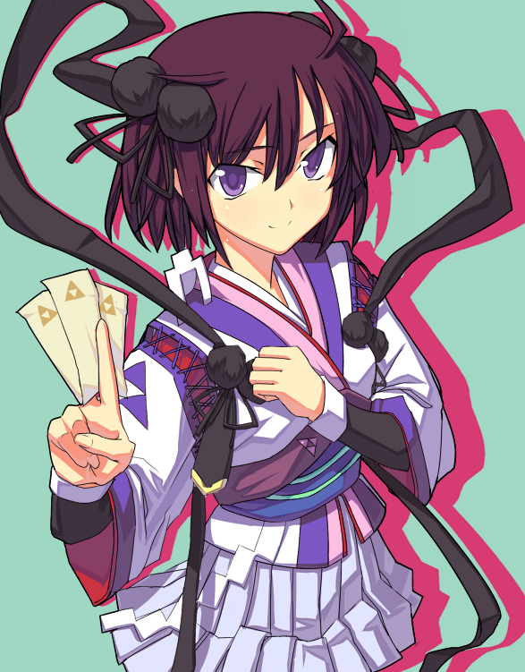 fondolger, nanjou ran, rance (series), sengoku rance, bad id, bad pixiv id, fondoler, japanese clothes, ofuda, purple eyes, short hair, smile, solo