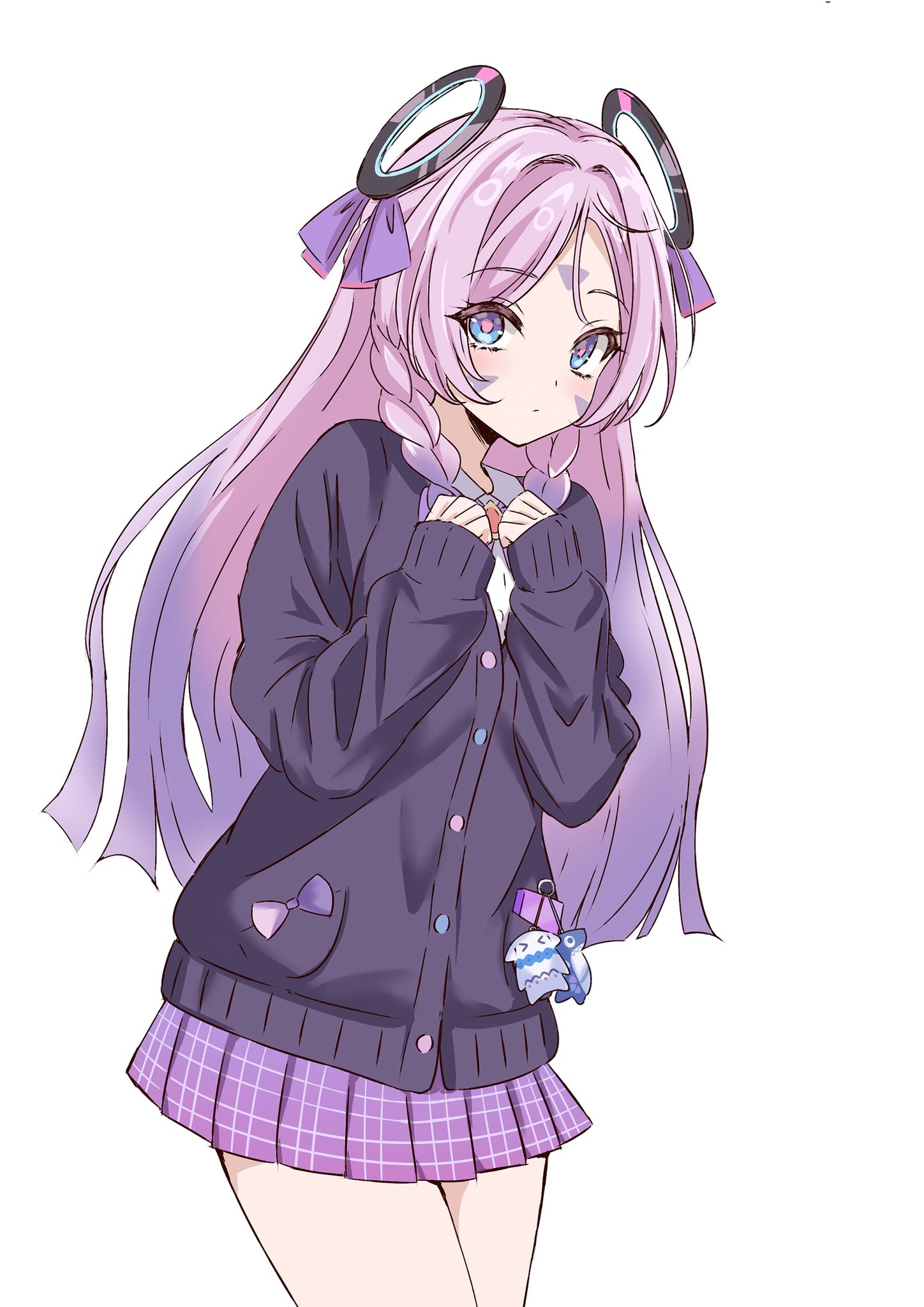 ituki tubomi, citlali (genshin impact), citlalin (genshin impact), itzpapa (genshin impact), genshin impact, commentary request, highres, 1girl, blue eyes, braid, cardigan, charm (object), cowboy shot, facial mark, forehead mark, gradient hair, light blush, long hair, long sleeves, looking at viewer, multicolored hair, pink hair, pink pupils, plaid clothes, plaid skirt, purple cardigan, school uniform, simple background, skirt, sleeves past wrists, triangle, triangle facial mark, white background