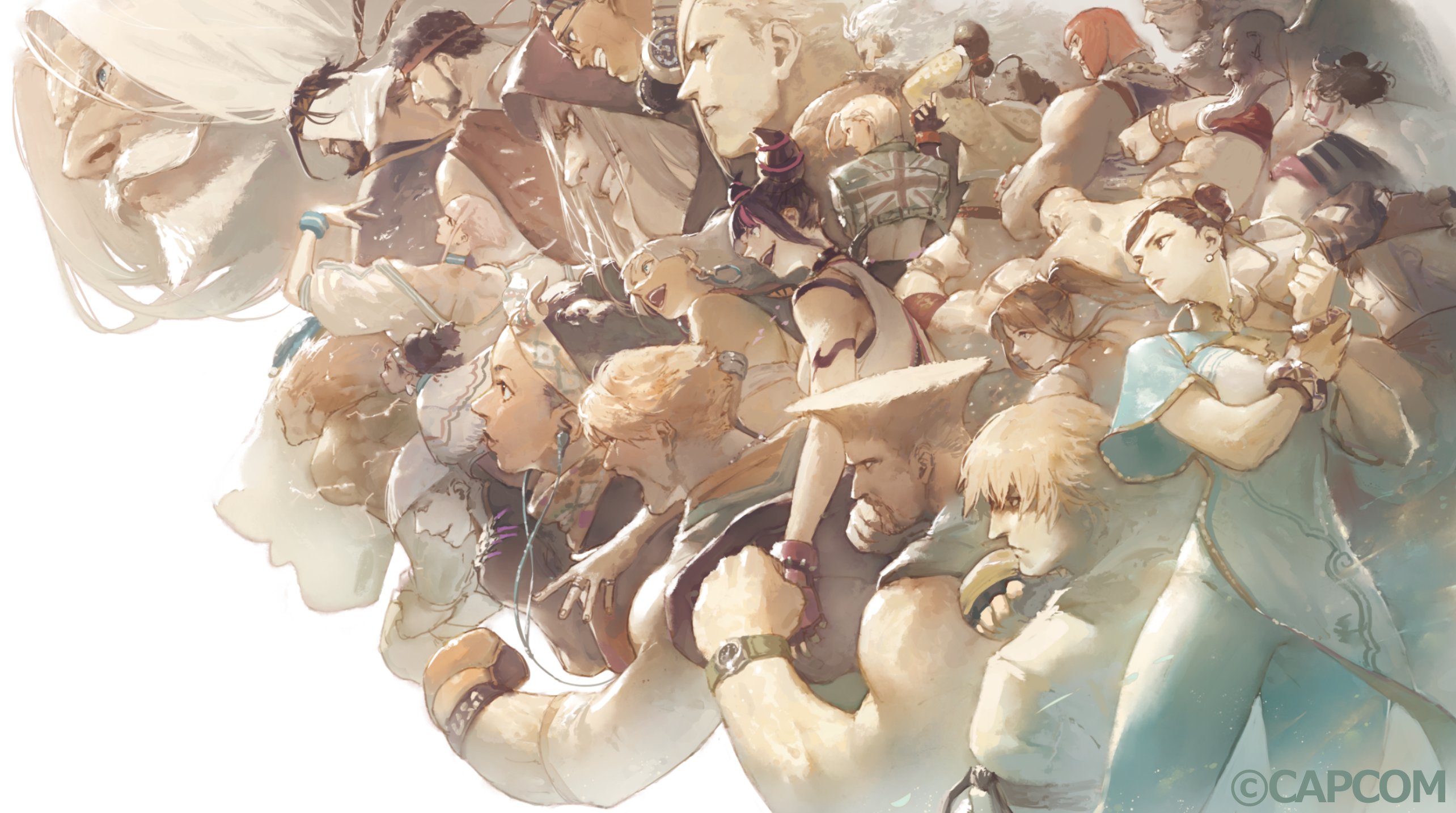 akuma (street fighter), blanka, cammy white, chun-li, guile, han juri, jamie siu, jp (street fighter), m. bison, rashid (street fighter), ryu (street fighter), zangief, capcom, street fighter, street fighter 6, character request, commentary request, highres, official art, 6+boys, 6+girls, beard, black hair, bracelet, capcom cup, chinese clothes, clenched hand, crossed arms, double bun, facial hair, fighting stance, fukumori (capcom), hair bun, hair ribbon, headband, hood, jewelry, looking at viewer, multiple boys, multiple girls, official alternate costume, open mouth, paint, ribbon, serious, white beard