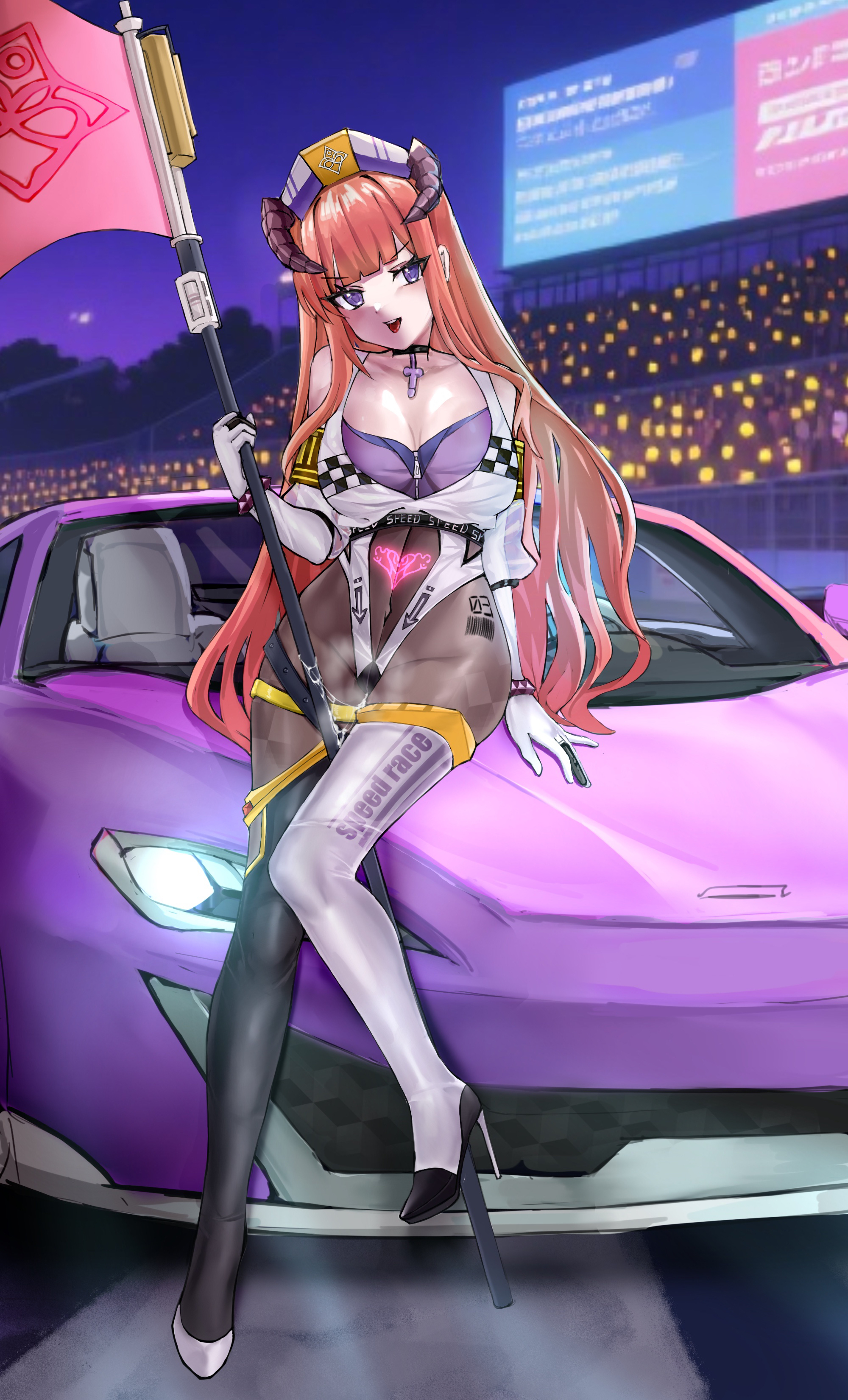 bagpipe (arknights), arknights, absurdres, highres, 1girl, asymmetrical legwear, barcode, barcode tattoo, black bodysuit, bodysuit, boots, breasts, car, choker, cleavage, dragon horns, elbow gloves, flag, gloves, holding, holding flag, horns, long hair, mismatched legwear, motor vehicle, non-pubic inmon, on car, open mouth, orange hair, purple car, purple eyes, race queen, tattoo, thigh boots, tsurime, very long hair, white gloves