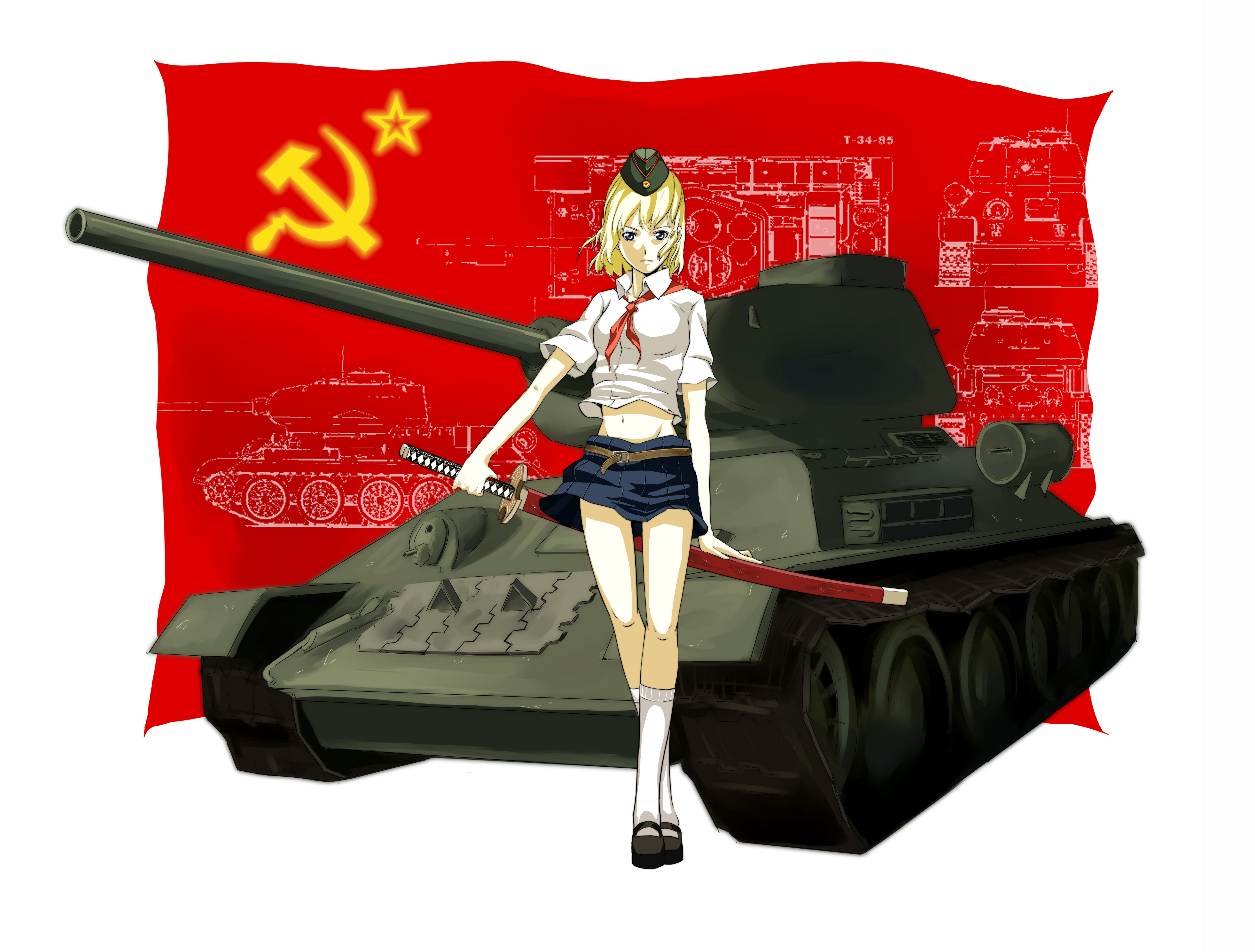 sunway, nadya, t-34, first squad, vehicle, absurdres, highres, 1girl, blonde hair, caterpillar tracks, communism, female focus, garrison cap, hammer and sickle, hat, katana, midriff, military, military vehicle, motor vehicle, pioneer movement, pioneer neckerchief, short hair, skirt, socks, solo, soviet, soviet pioneer, sword, tank, weapon