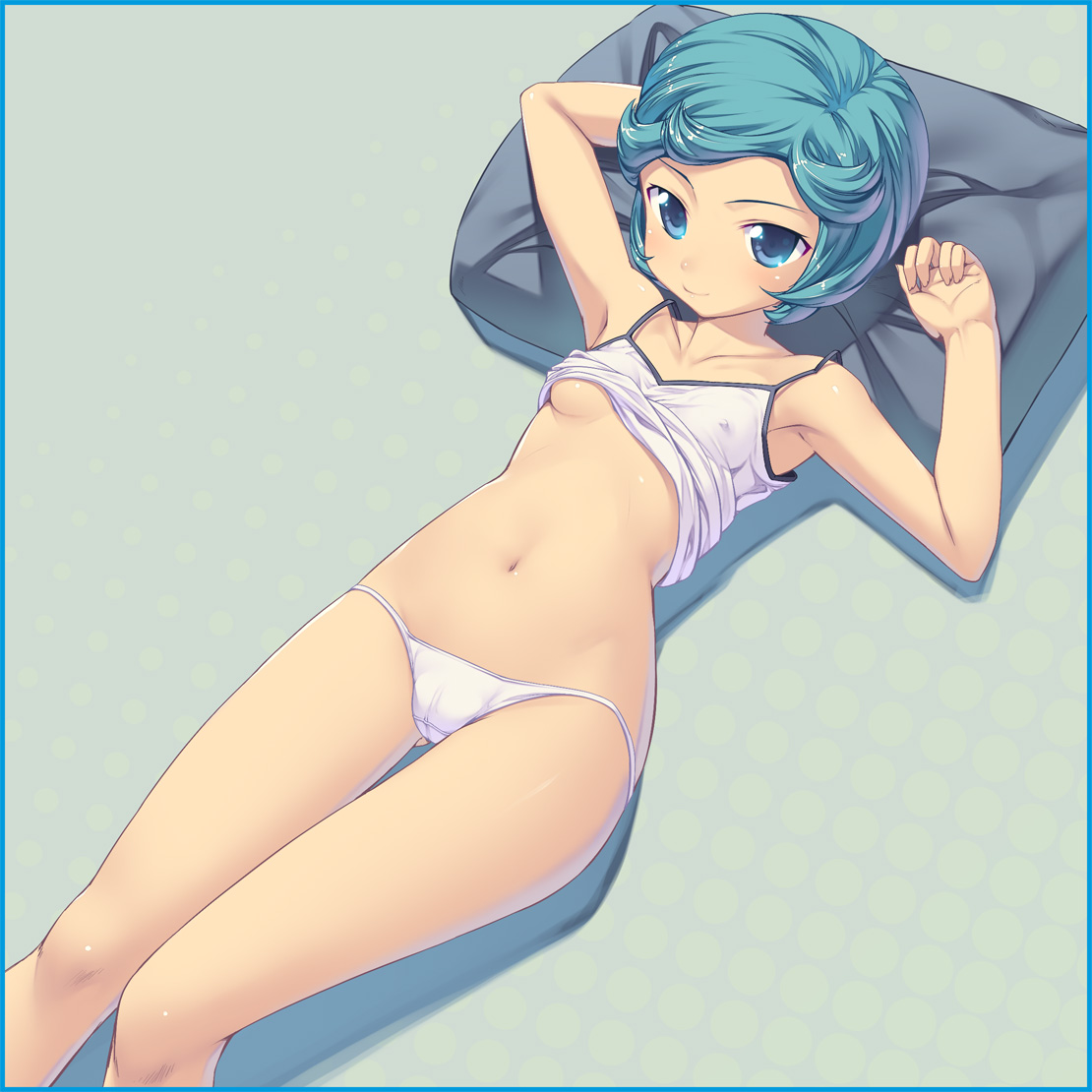munashi mujou, schierke (berserk), berserk, 1990s (style), 1girl, armpits, blue eyes, blue hair, breasts, cameltoe, camisole, clothes lift, covered erect nipples, female focus, flat chest, groin, loli, lowleg, lowleg panties, lying, matching hair/eyes, midriff, navel, on back, panties, pillow, retro artstyle, shirt lift, short hair, small breasts, smile, solo, thigh gap, thighs, underboob, underwear, white panties, witch
