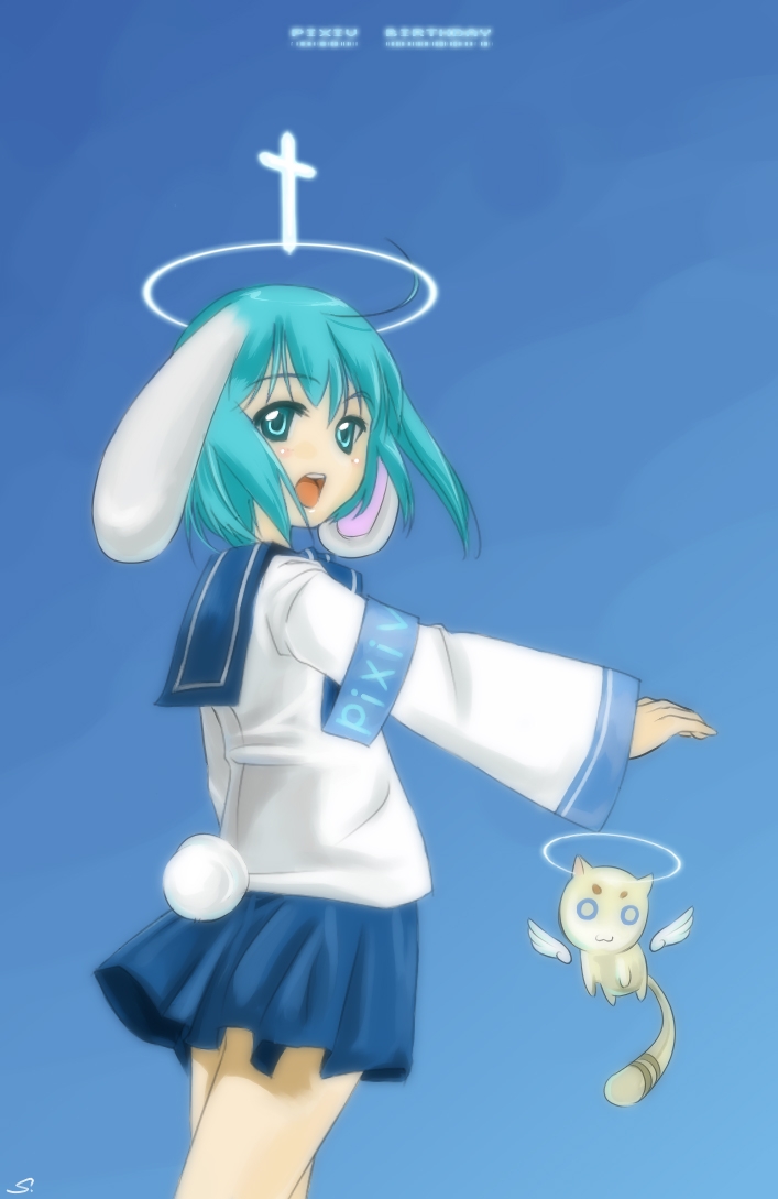 sunway, pixiv-tan, pixiv, 1girl, animal, animal ears, blue eyes, blue hair, female focus, halo, matching hair/eyes, rabbit ears, school uniform, short hair, skirt, solo, wings