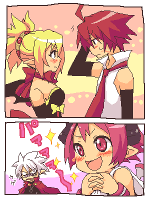tsuyuka (sunny spot), adell (disgaea), mao (disgaea), raspberyl, rozalin, disgaea, makai senki disgaea, makai senki disgaea 2, makai senki disgaea 3, nippon ichi, lowres, 00s, 2boys, 2girls, bat wings, blonde hair, blush, bow, demon, demon boy, demon girl, dress, elbow gloves, glasses, gloves, multiple boys, multiple girls, necktie, pink eyes, pink hair, pointy ears, red hair, short hair, smile, strapless, strapless dress, white hair, wings, yellow bow