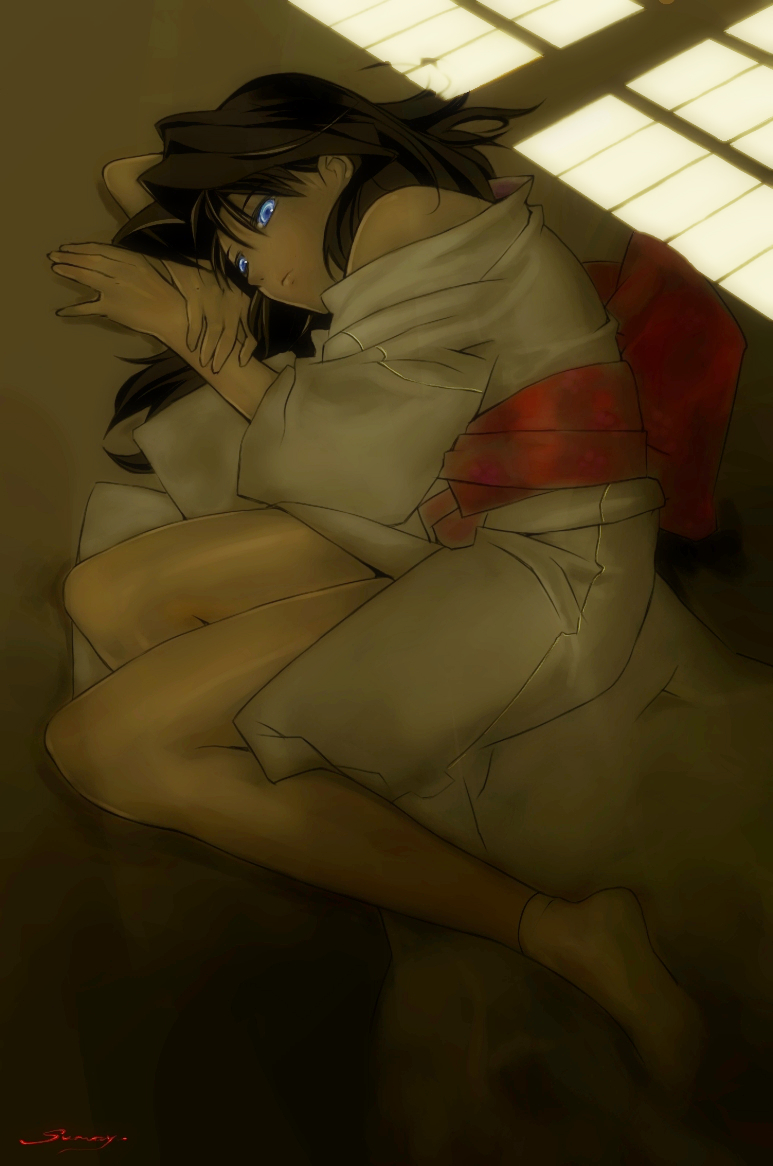 sunway, ryougi shiki, kara no kyoukai, blue eyes, brown hair, japanese clothes, kimono, lying, solo, tabi