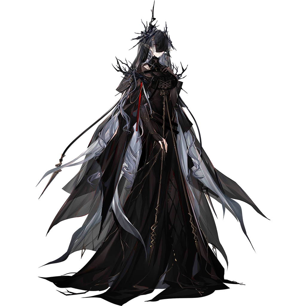 chuzenji, laqeramaline (arknights), arknights, official art, third-party source, 1girl, asymmetrical gloves, black dress, black gloves, black theme, black veil, blue hair, closed mouth, demon horns, dress, fake head wings, full body, gloves, high ponytail, horns, jewelry, long dress, long hair, mismatched gloves, partially fingerless gloves, pointy ears, ponytail, red eyes, ring, see-through clothes, see-through veil, simple background, solo, standing, tachi-e, tall female, transparent background, veil, wedding ring