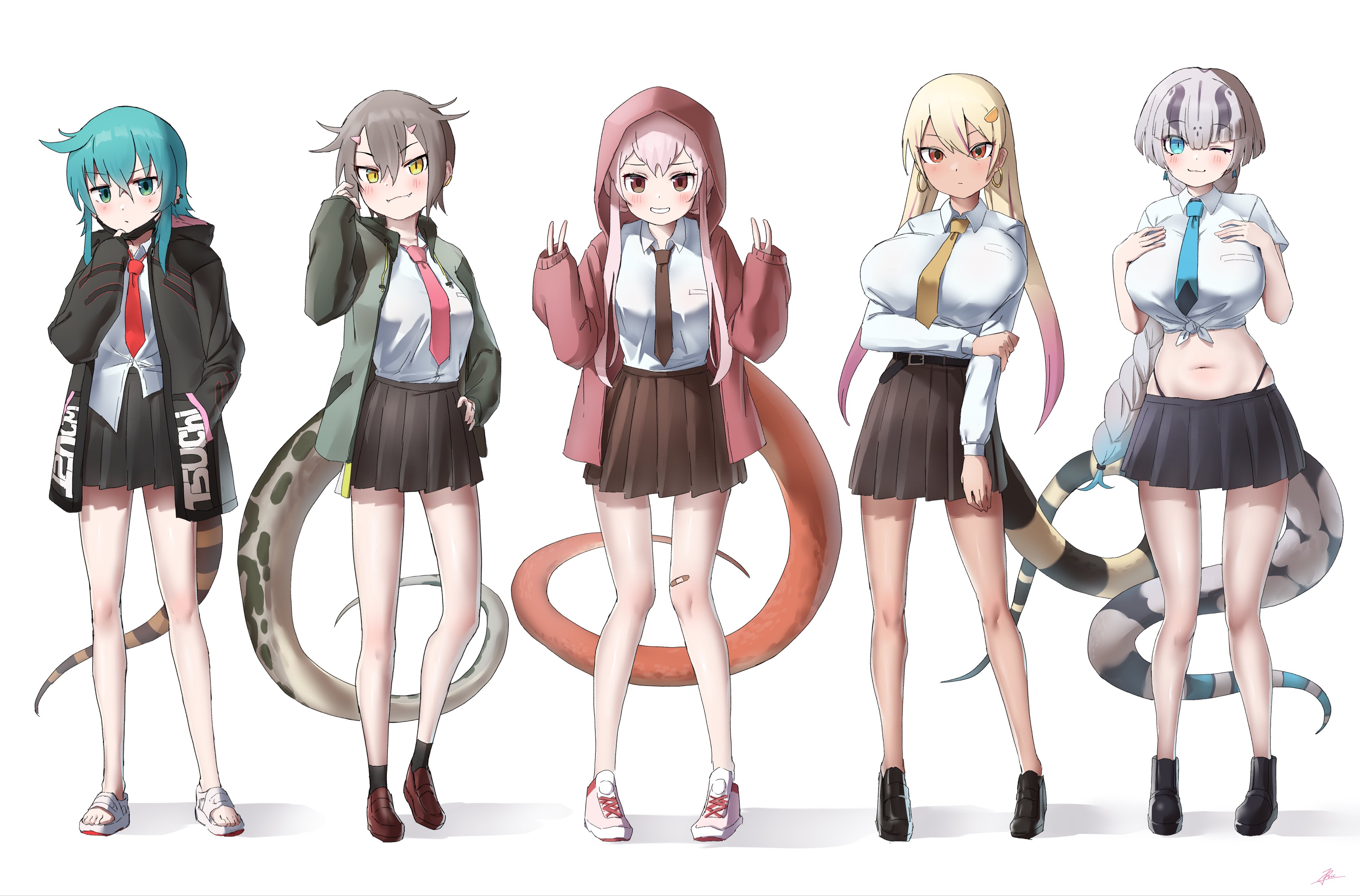 mogurii, king cobra (kemono friends), okinawa habu (kemono friends), taipan (kemono friends), tsuchinoko (kemono friends), kemono friends, absurdres, highres, 5girls, :3, alternate costume, bandaid, bandaid on leg, black boots, black socks, blonde hair, blue eyes, blue hair, blue necktie, blush, boots, brown eyes, brown hair, brown jacket, brown necktie, collared shirt, fangs, gradient hair, green jacket, grey hair, grey skirt, hair ornament, hairclip, hand in pocket, hood, hood down, hood up, hoodie, jacket, long hair, long sleeves, looking at viewer, midriff, multicolored hair, multiple girls, navel, necktie, one eye closed, open clothes, open hoodie, open jacket, orange eyes, pink hair, pink hoodie, pink necktie, pleated skirt, purple hair, red necktie, sandals, school uniform, shirt, shirt tucked in, shoes, short hair, short sleeves, skirt, sleeves past wrists, slit pupils, snake girl, snake tail, sneakers, socks, t-shirt, tail, tied shirt, titanoboa (kemono friends), white sandals, white shirt, white shoes, yellow eyes, yellow necktie