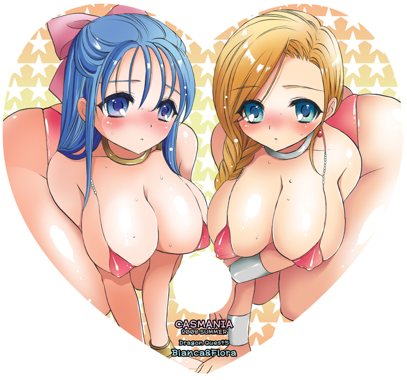 mozuya murasaki, bianca (dq5), flora (dq5), dragon quest, dragon quest v, 00s, 2008, 2girls, all fours, ass, bikini, blonde hair, blue eyes, blue hair, blush, bow, braid, breasts, cleavage, covered erect nipples, hair over shoulder, half updo, heart, huge breasts, large breasts, micro bikini, multiple girls, pink bow, side braid, sweat, swimsuit, uchiwa (medium)