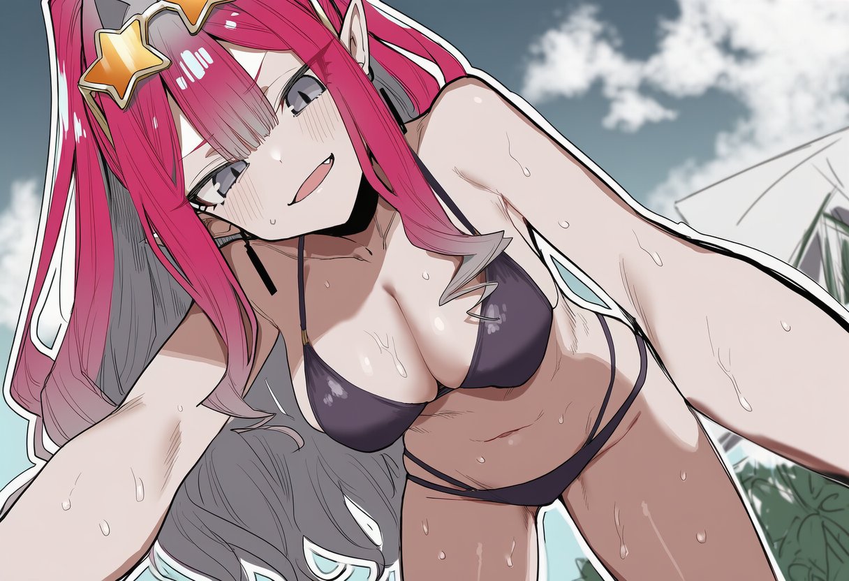 baobhan sith (fate), fate/grand order, fate (series), 1girl, bare shoulders, bikini, breasts, colored skin, earrings, fang, grey eyes, grey hair, grey skin, gurugurukaijyuu, jewelry, long hair, looking at viewer, multicolored hair, navel, open mouth, pointy ears, purple bikini, red hair, sky, solo, star (symbol), sunglasses, swimsuit, thighs, two-tone hair, wet
