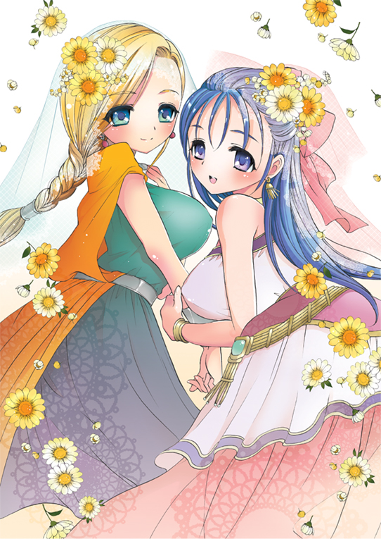 mozuya murasaki, bianca (dq5), flora (dq5), dragon quest, dragon quest v, 2girls, blonde hair, blue hair, blush, braid, breasts, flower, hair flower, hair ornament, half updo, happy, large breasts, long hair, looking back, multiple girls, smile