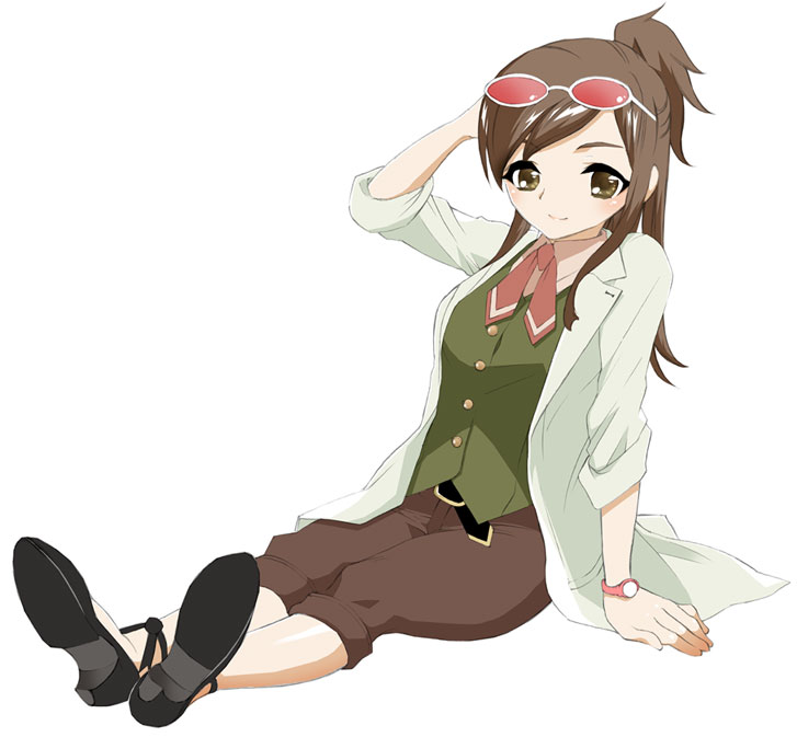 mozuya murasaki, ema skye, ace attorney, apollo justice: ace attorney, capcom, 1girl, brown eyes, brown hair, female focus, full body, half updo, lab coat, long hair, sitting, sleeves rolled up, smile, solo, sunglasses