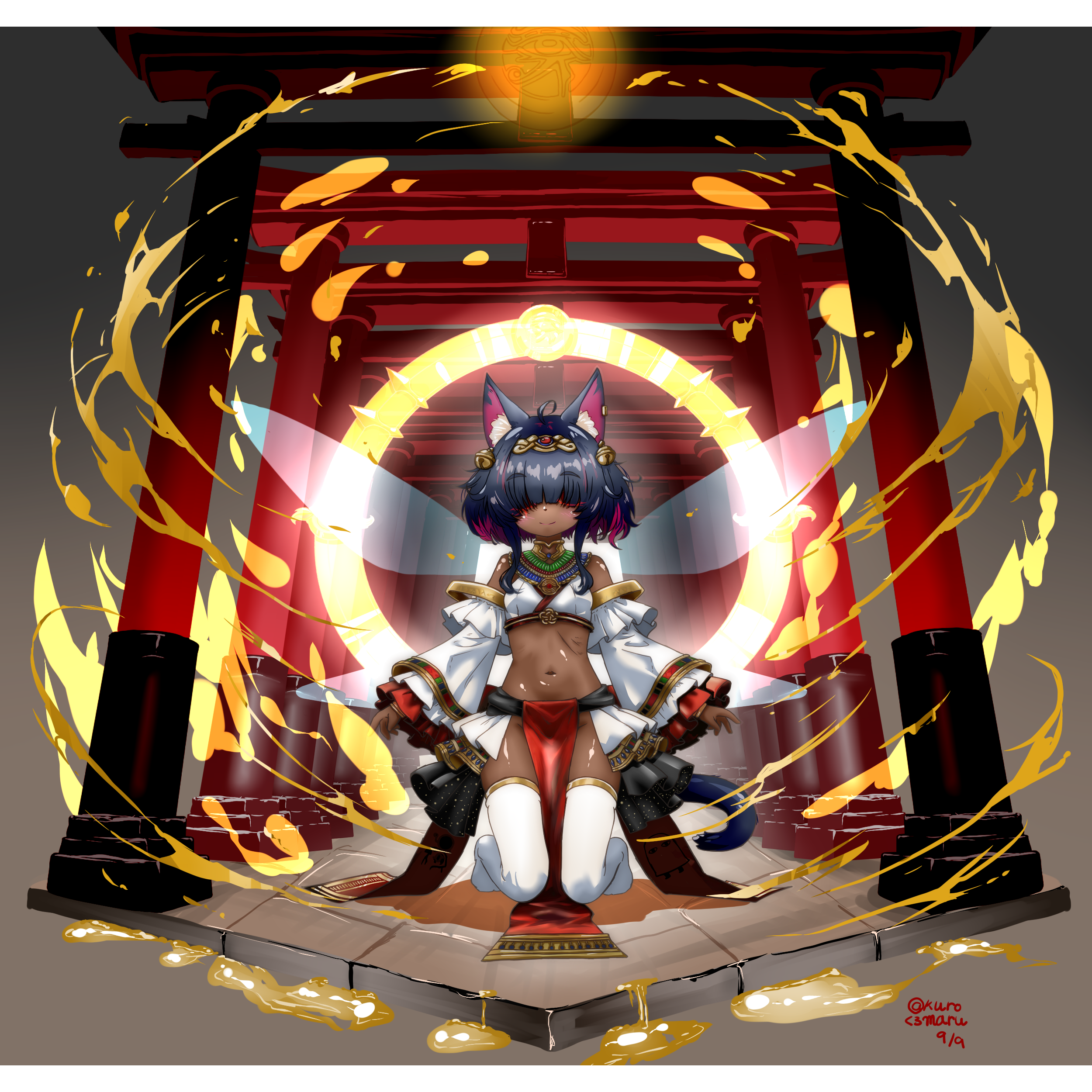kuromaru-4321, original, absurdres, highres, 1girl, ahoge, ancient egyptian, animal ear fluff, animal ears, black hair, breasts, dark-skinned female, dark skin, detached sleeves, eye of horus, fairy wings, full body, hair over eyes, halo, if you want to become a godly artist (trend), kneeling, looking at viewer, multicolored hair, navel, pelvic curtain, red hair, short hair, small breasts, smile, solo, tail, thighhighs, torii, two-tone hair, usekh collar, white thighhighs, wings