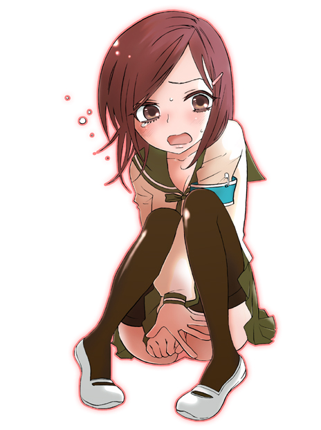 mozuya murasaki, 1girl, brown eyes, brown hair, covering crotch, covering privates, female focus, full body, hair ornament, hairclip, panties, school uniform, short hair, sitting, skirt, skirt tug, solo, tears, thighhighs, underwear, white background