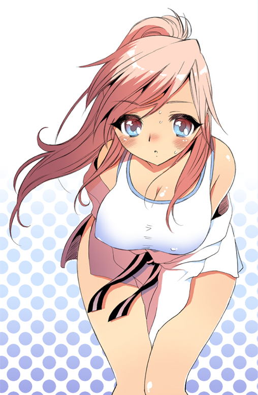mozuya murasaki, 1girl, bent over, blue eyes, blush, breasts, cleavage, covered erect nipples, female focus, hanging breasts, large breasts, leaning forward, long hair, off shoulder, one-piece swimsuit, pink hair, ponytail, solo, swimsuit, white one-piece swimsuit