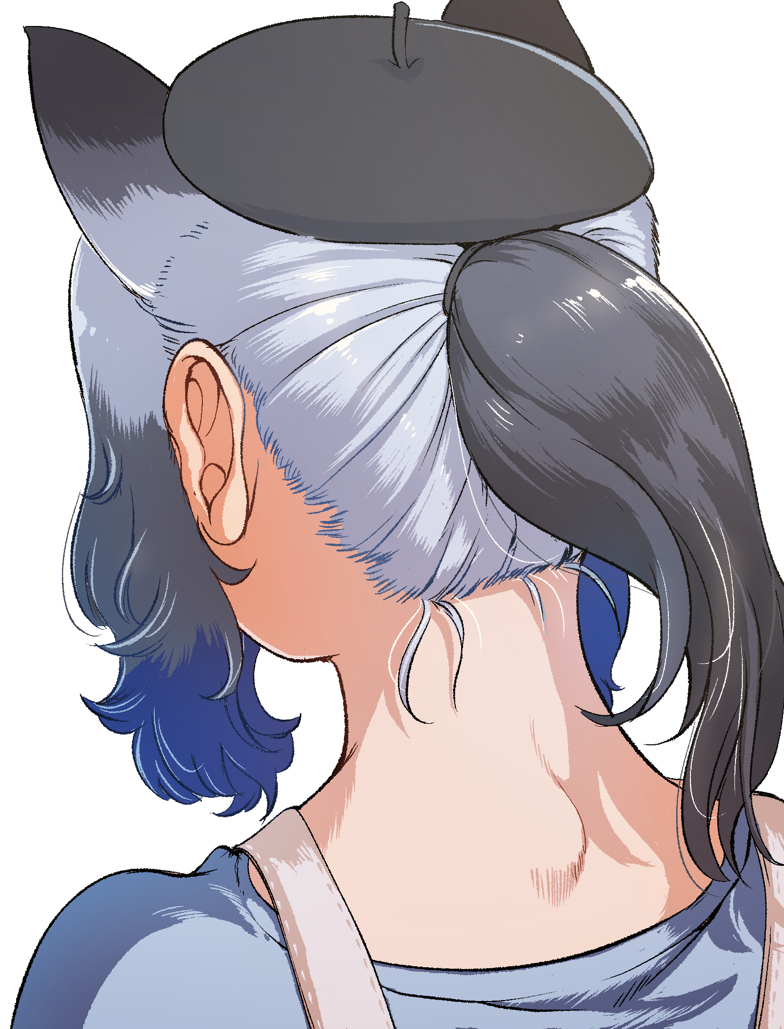 mcgunngu, tarpan (kemono friends), kemono friends, highres, 1girl, animal ears, apron, beret, black hat, blue hair, blue shirt, extra ears, facing away, from above, from behind, gradient hair, grey hair, hat, horse ears, horse girl, multicolored hair, nape, ponytail, shirt, sidelocks, solo, upper body, white apron, white hair