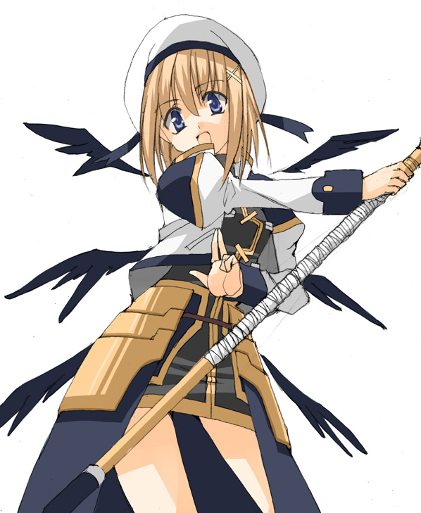 sen (sansui), schwertkreuz, yagami hayate, lyrical nanoha, mahou shoujo lyrical nanoha, 00s, 1girl, blonde hair, blue eyes, female focus, hair ornament, short hair, solo, staff, unison (nanoha), wings, x hair ornament