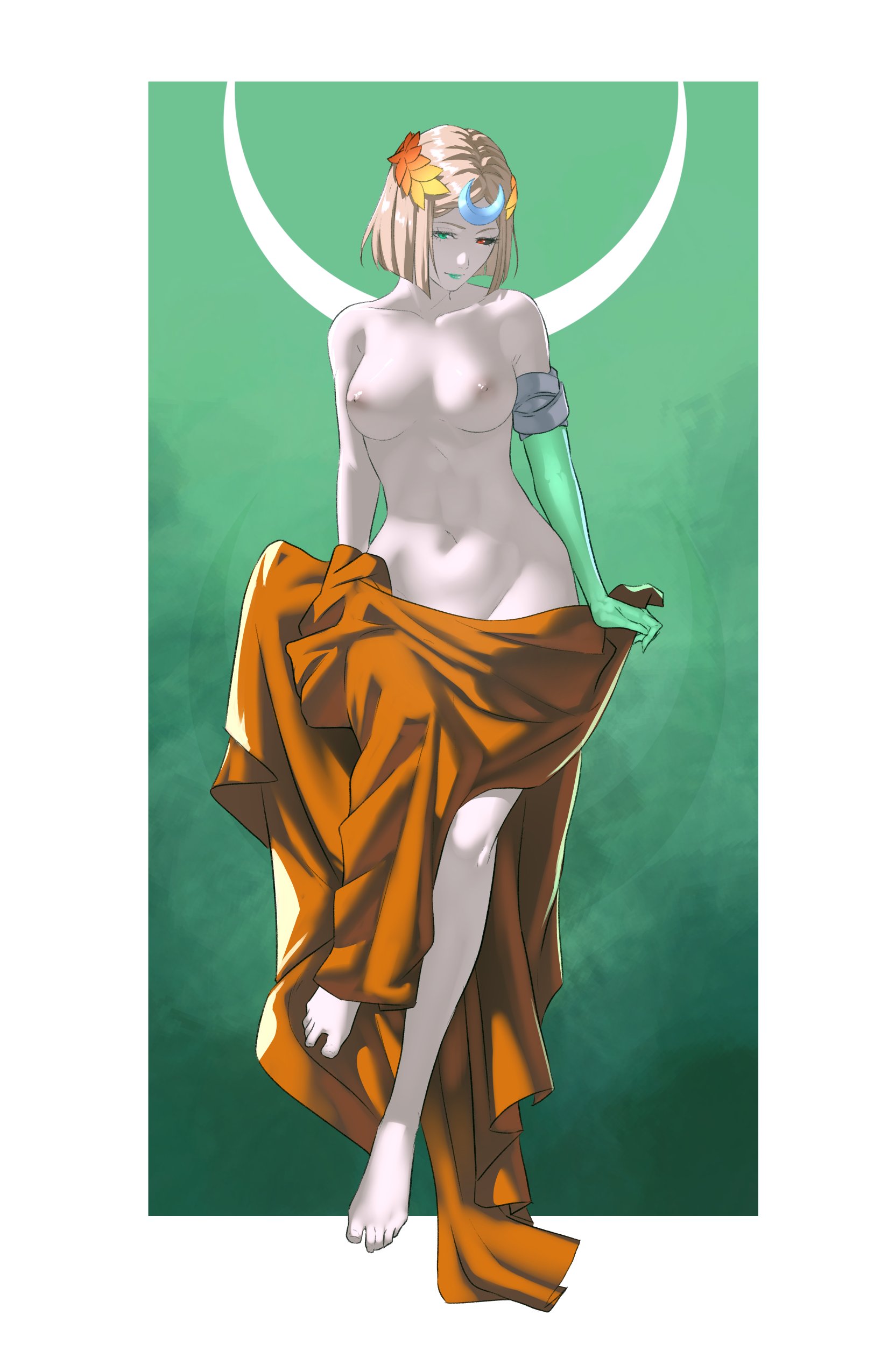 pomelomelon, melinoe (hades), hades (series), hades 2, absurdres, highres, 1girl, asymmetrical arms, black sclera, blonde hair, breasts, colored sclera, glowing arm, green arm, green eyes, green lips, heterochromia, laurel crown, medium breasts, mismatched sclera, navel, nipples, nude, pale skin, red eyes, see-through body, short hair, skeletal arm, solo, stomach